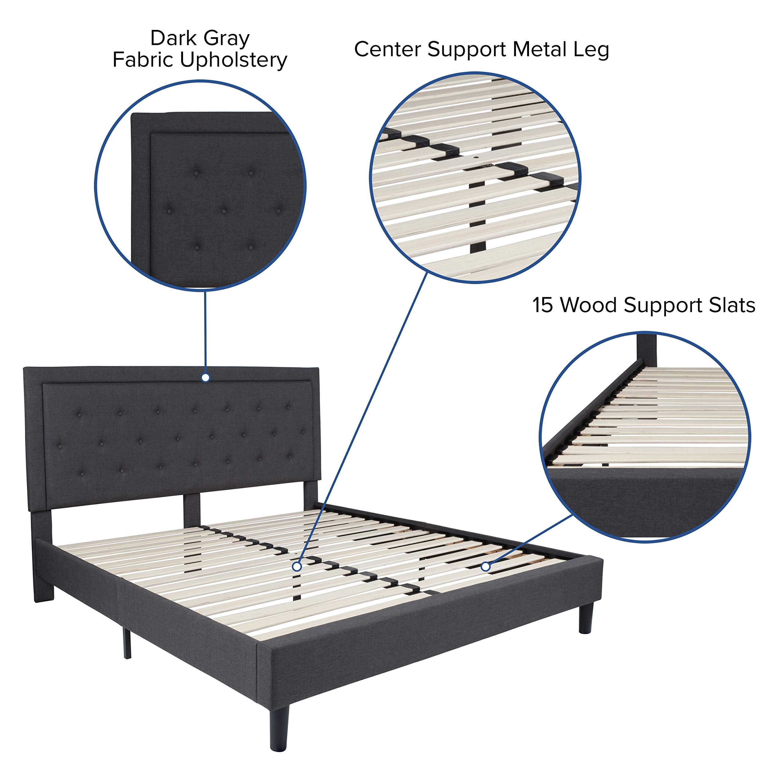 Flash Furniture Roxbury King Size Tufted Upholstered Platform Bed In Dark Gray Fabric With 10 Inch Certipur-Us Certified Pocket Spring Mattress
