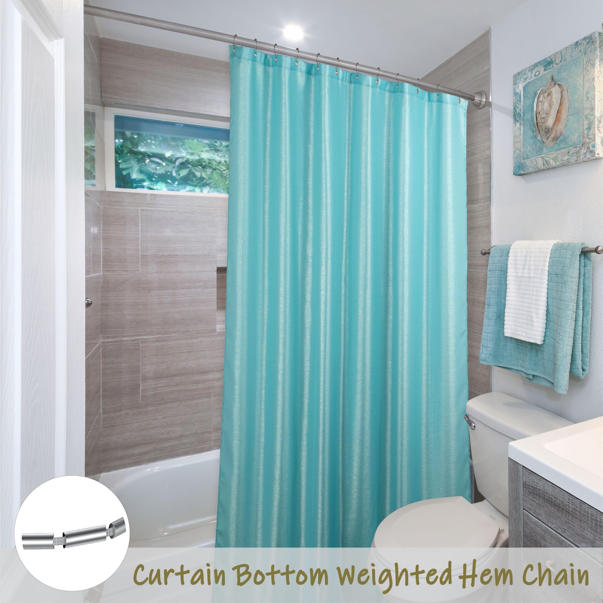 Popkozzi Teal Blue Long Shower Curtain: 78 Inch Turquoise Aqua Glitter Sparkle Bling Shiny Fabric Decorative Shower Curtains For