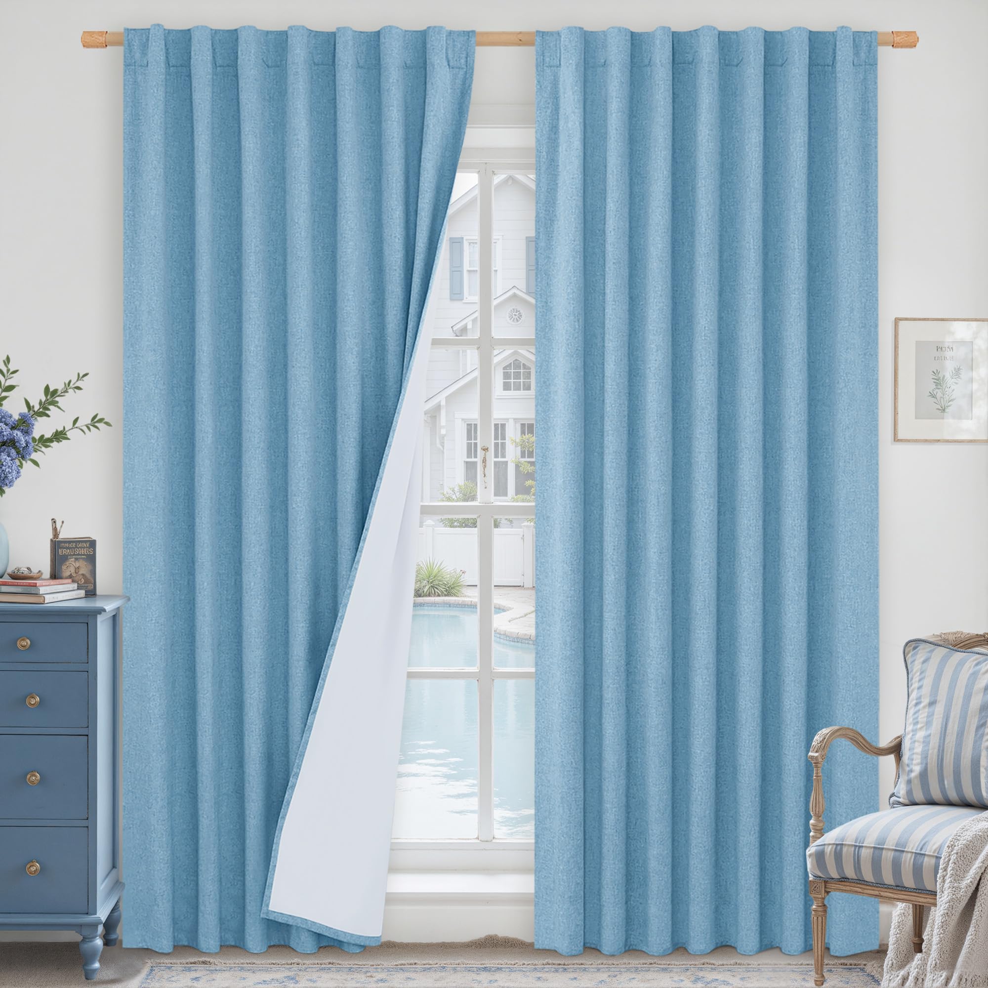 LAMIT Blue 100% Blackout Linen Curtains, 84 Inch Linen Textured Living Room Farmhouse Curtains Room Darkening Back Tab and Rod P