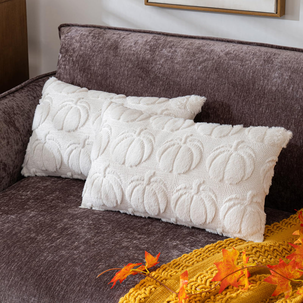Cosibono Pumpkin Fall Decorative Throw Pillow Covers 12'X20', Set Of 2 Cream White Soft Faux Fur Pillow Covers For Autumn Harv