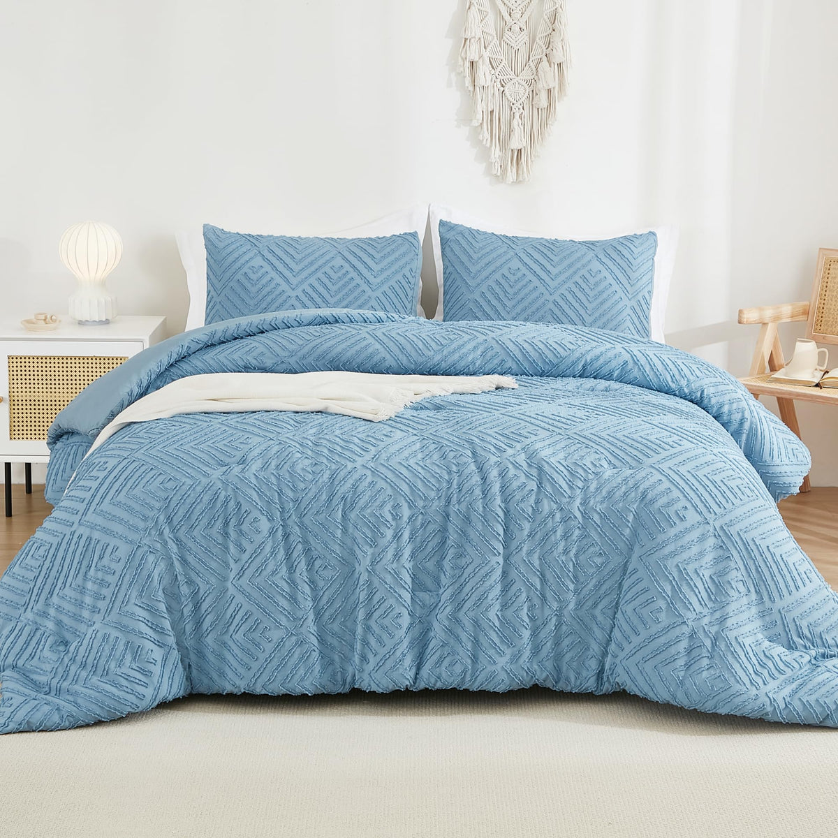 Andency Grayish Blue Comforter Set King Size, 3 Pieces Boho Bedding Set & Collections, Farmhouse Tufted Fluffy Bedding Comforter