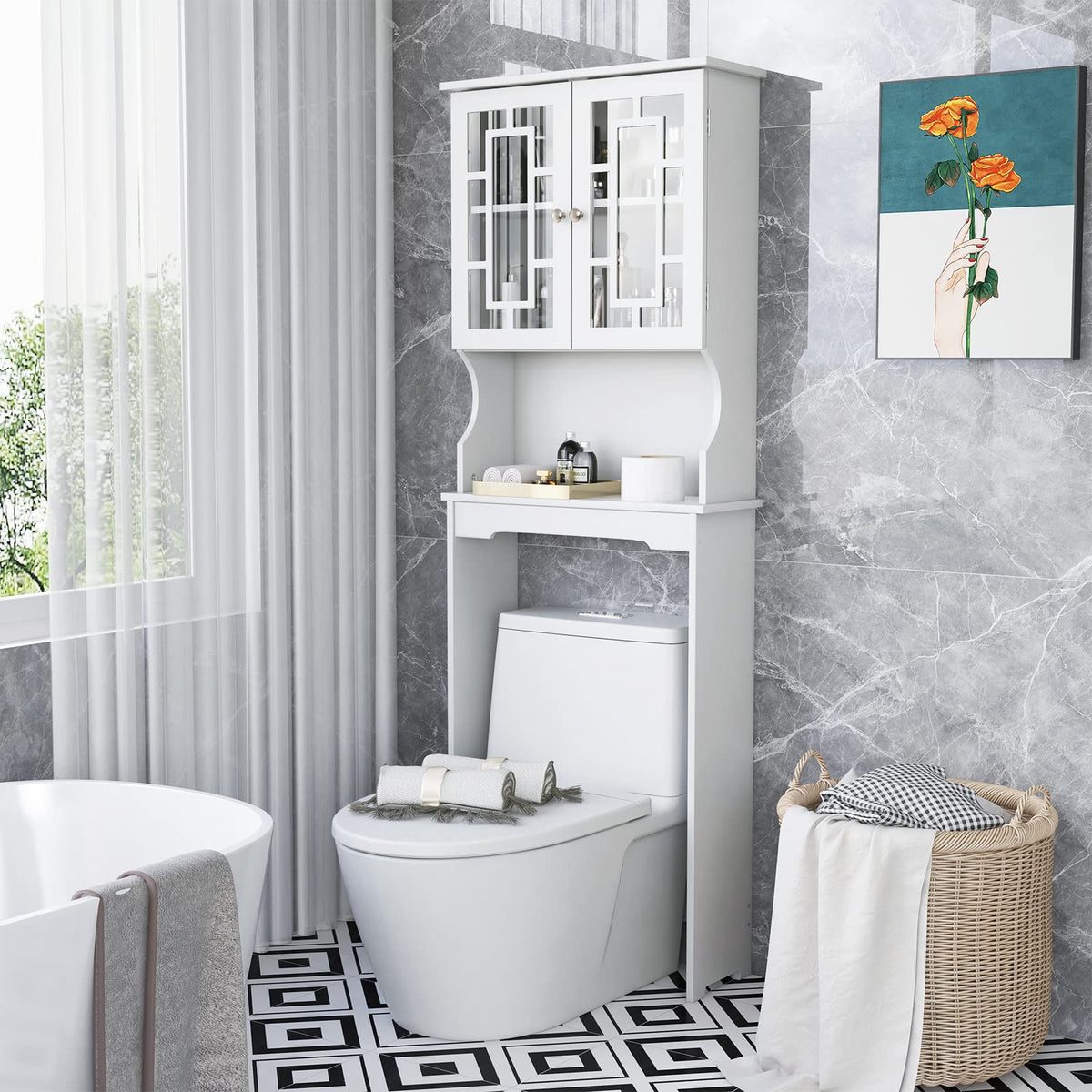 Giantex Over-The-Toilet Storage Space Saver, Bathroom Organizer With Cabinet And Shelf, Above Toilet Standing Rack (White)