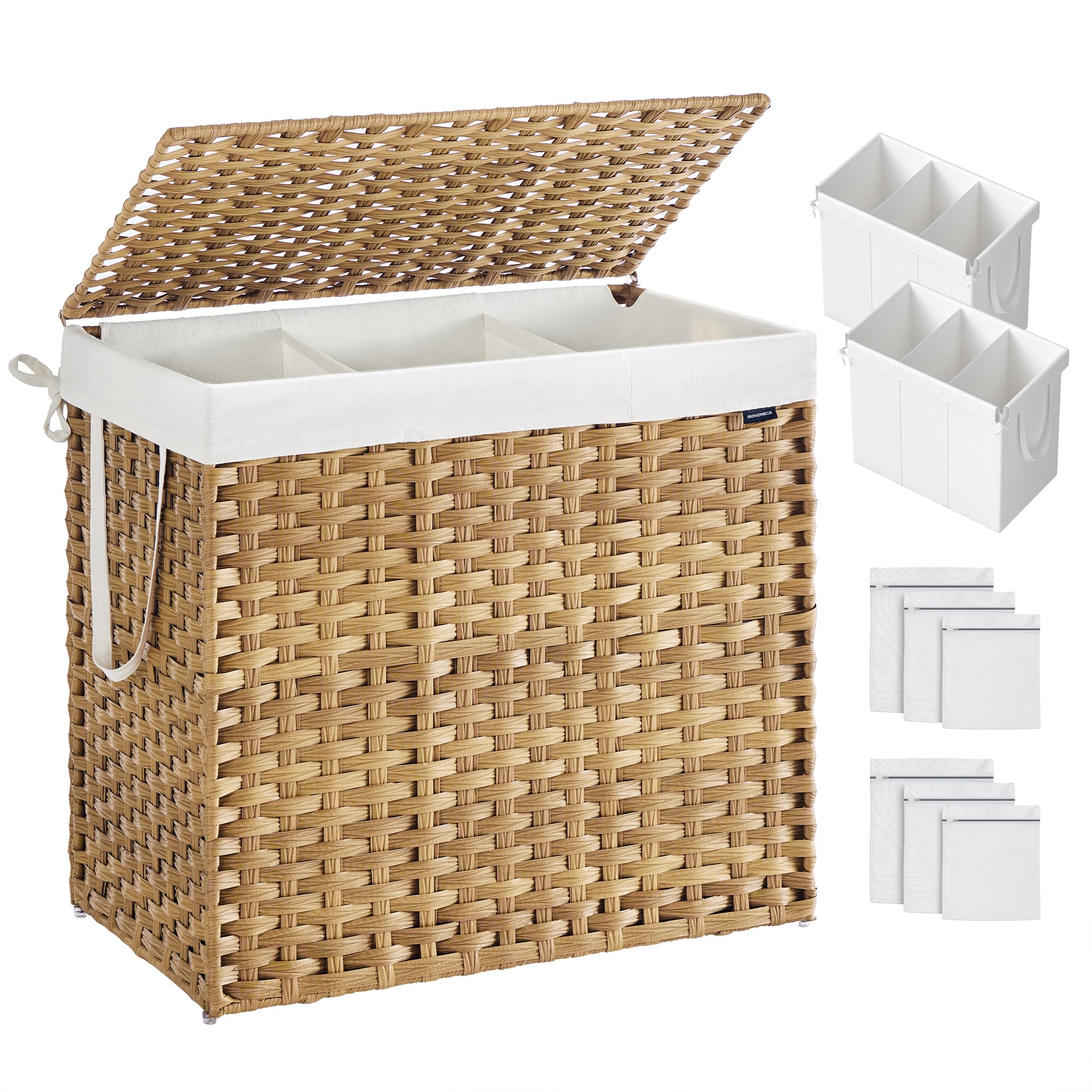 SONGMICS Laundry Hamper with Lid, 160 L Clothes Hamper with 2 Removable Liner Bags, 6 Mesh Bags, Wicker Laundry Basket, Double L