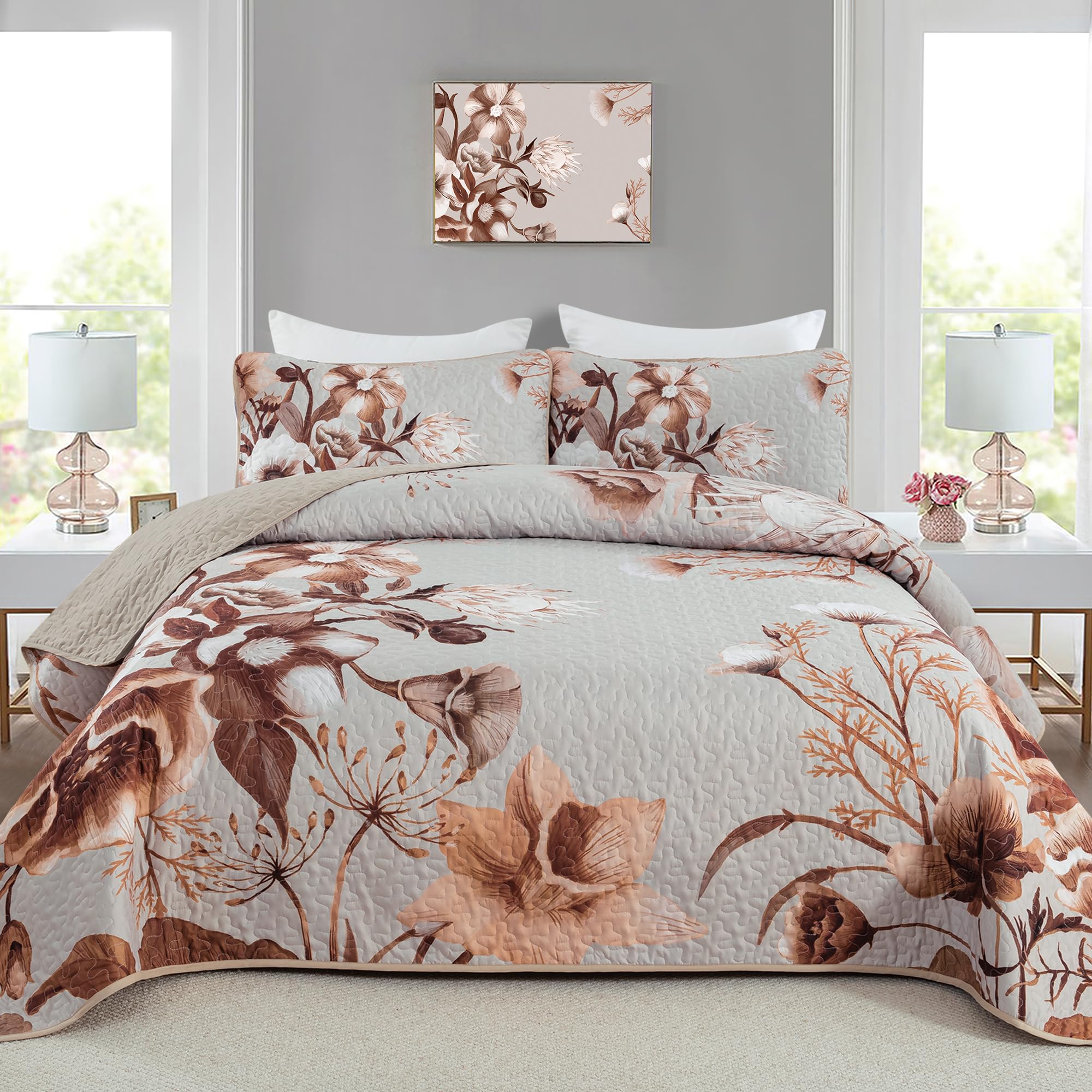 Drucon Khaki Floral Quilt Set Queen 3 Pieces Boho Flower Quilt Coverlet Set Soft Microfiber Lightweight Floral Quilted Bedspread