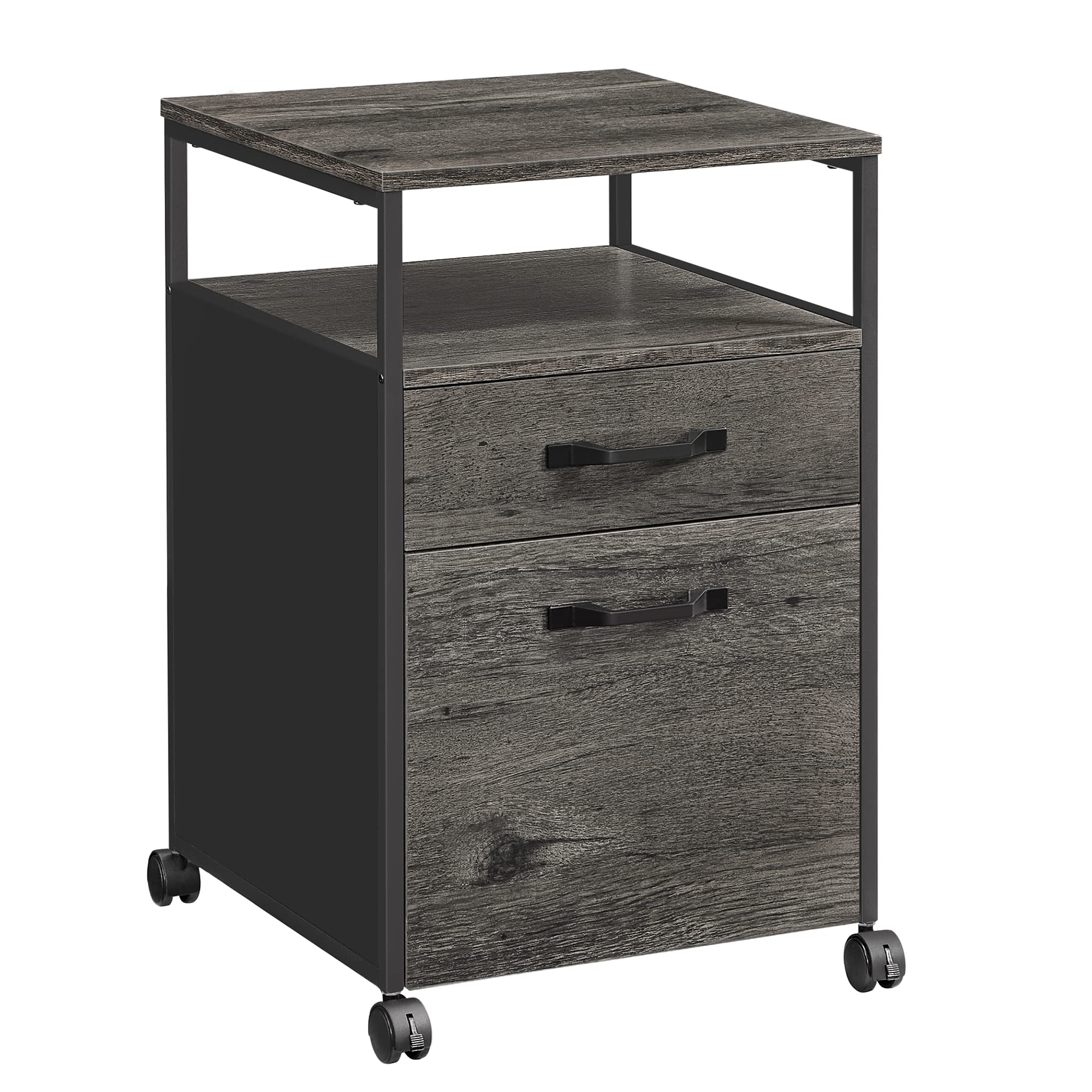 VASAGLE File Cabinet, Mobile Filing Cabinet with Wheels, 2 Drawers, Open Shelf, for A4, Letter Size, Hanging File Folders, Charc