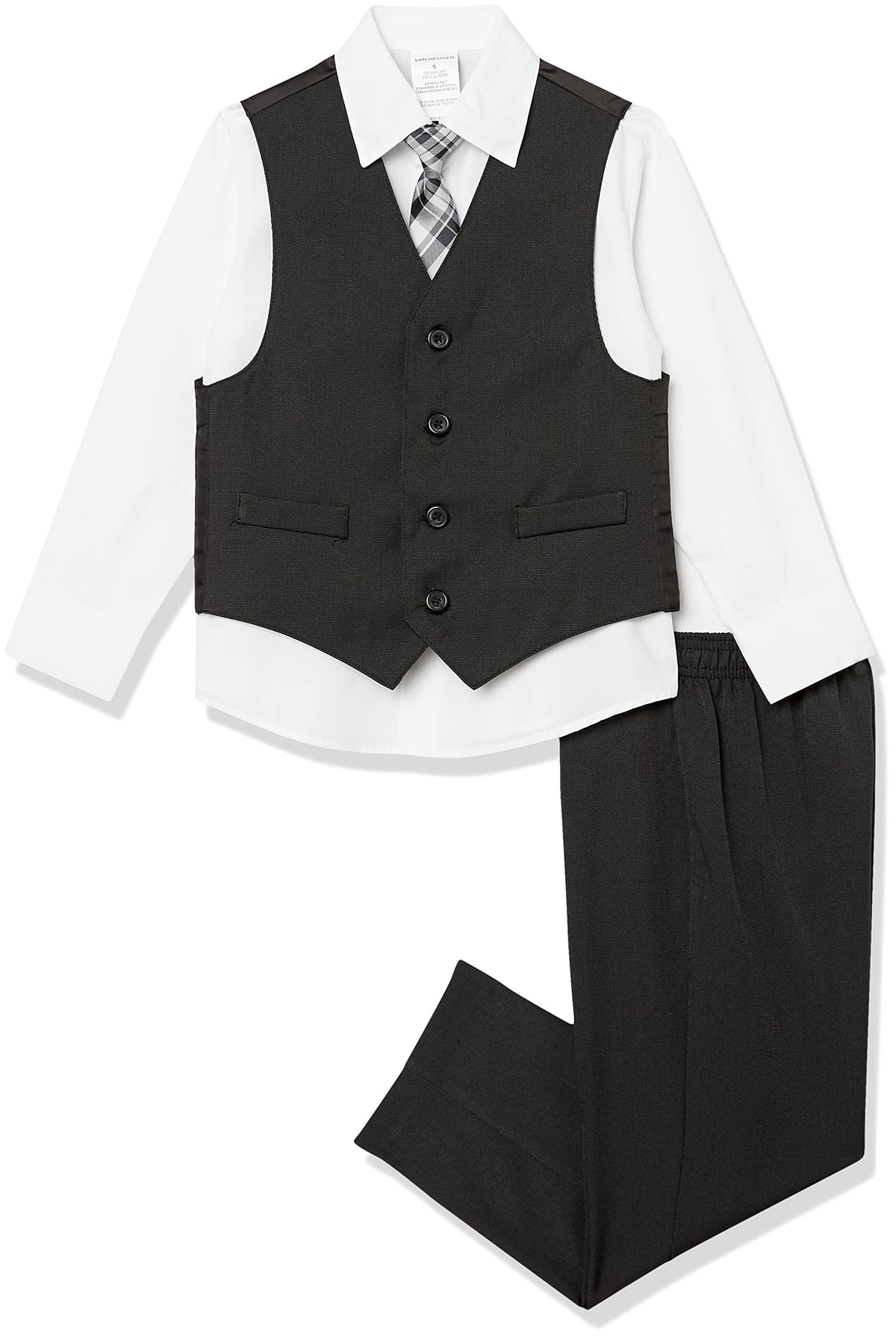 Van Heusen Boys 4-Piece Formal Suit Set, Vest, Pants, Collared Dress Shirt, And Tie, Blackred Stripe, 6