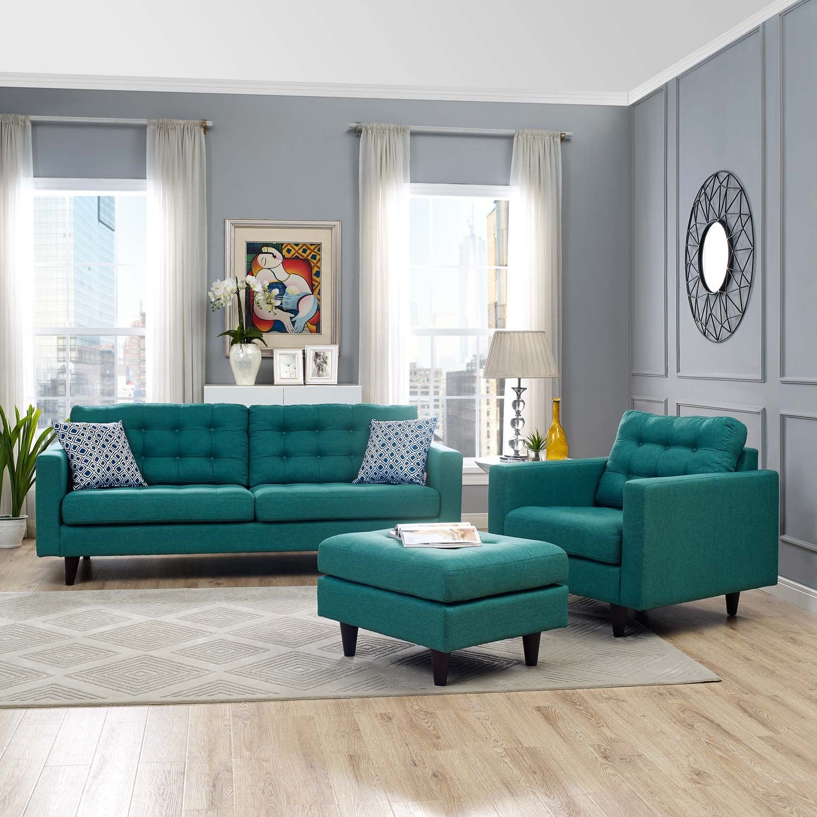Modway Empress Mid-Century Modern Upholstered Fabric Sofa And Armchair Set In Teal