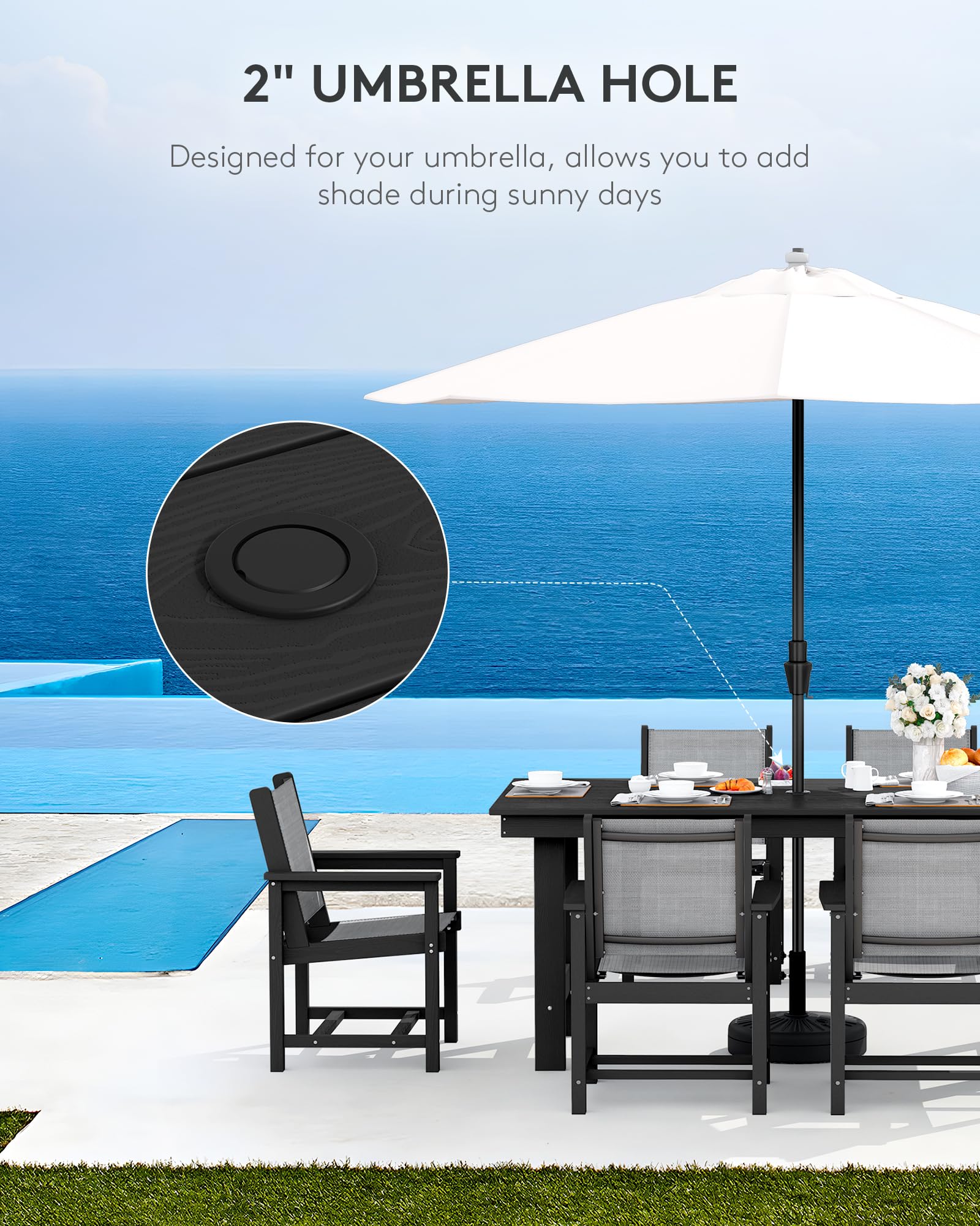 Serwall 5 Piece Outdoor Dining Table Sets For 4 With 1 Umbrella Hole Cut-Out Rectangular Table And 4 Textilene Chairs, Hdpe Dining Table Sets For Garden, Backyard, Poolside, Black