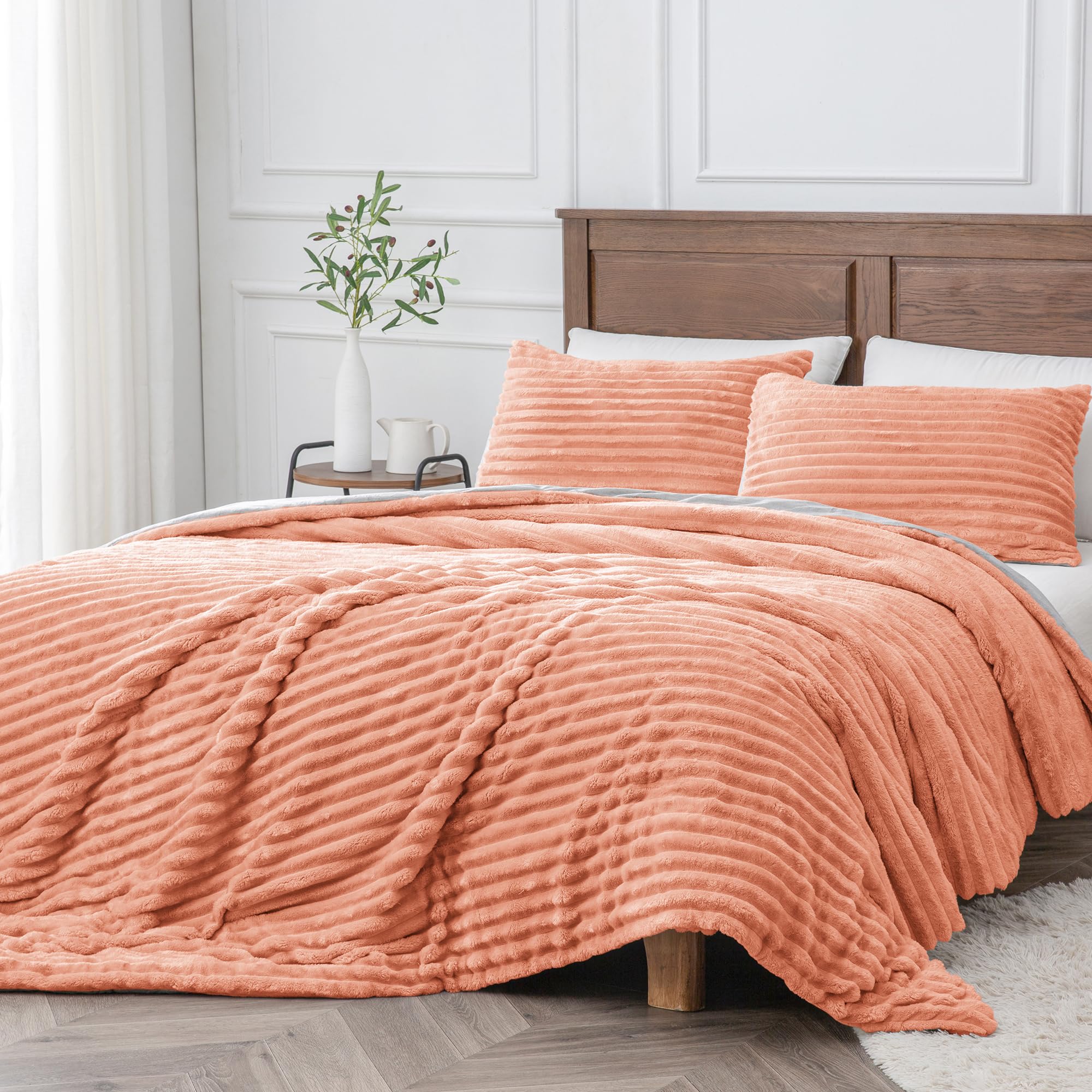 Bedelite Fleece Twin Comforter Set -Super Soft & Warm Fluffy Coral Bedding, Luxury Fuzzy Heavy Bed Set For Winter With 1 Pillow