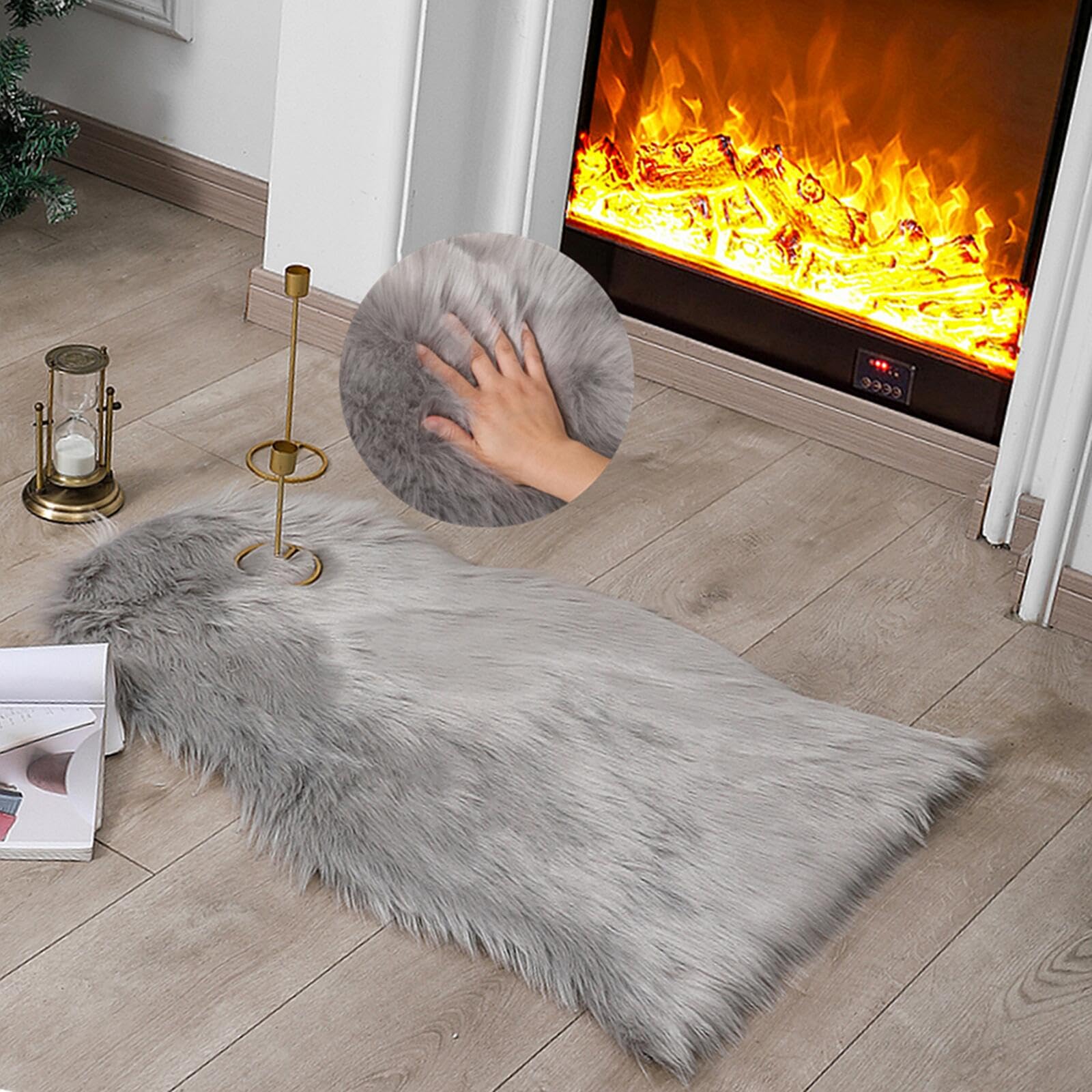 linmopm Faux Fur Rug Sheepskin Shag Fluffy Fuzzy Grey 2x3 ft Small Rugs for Bedroom Bedside Bed Floor Living Room Plush High-Den