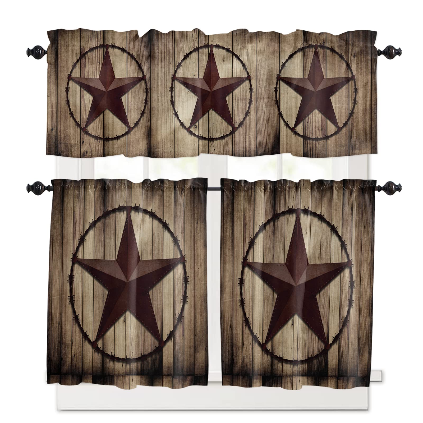 Western Kitchen Curtains And Country Valance Set, Texas Star Retro Rustic Wooden Boards Small Short Half Farmhouse Tier Curtains