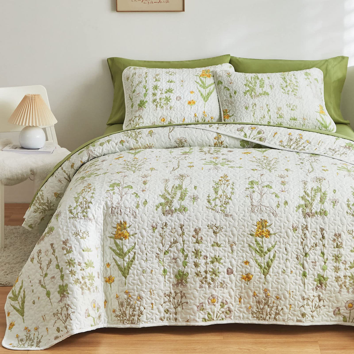 Joyreap 2 Pieces Reversible Quilt Set, Smooth Soft Microfiber Quilt, Yellow Flowers Green Leaves Botanical Design, Bedspread Bed