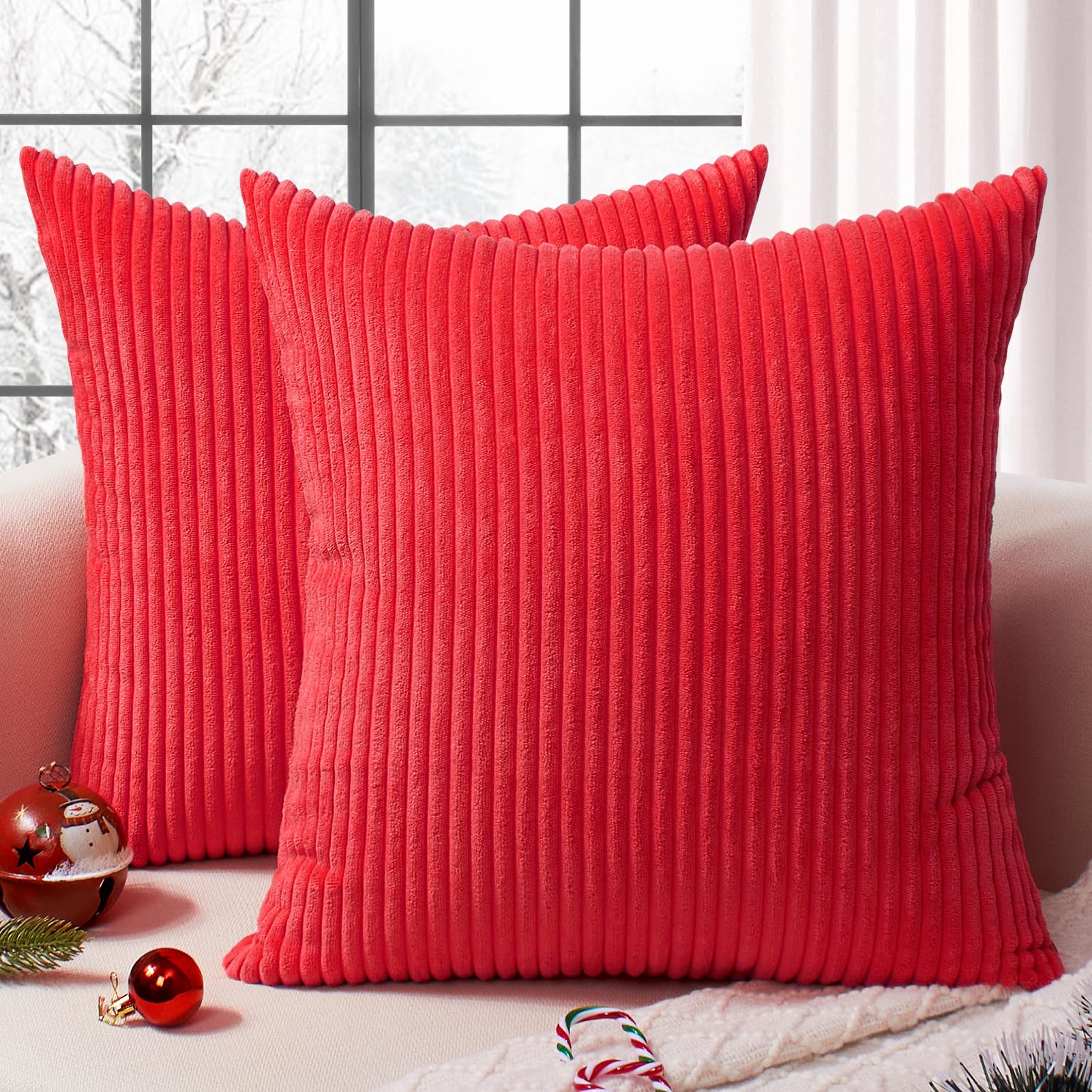 Softalker Christmas Pillow Covers 16X16 Set Of 2, Super Soft Boho Striped Corduroy Pillow Cover, Xmas Decorative Throw Pillows F
