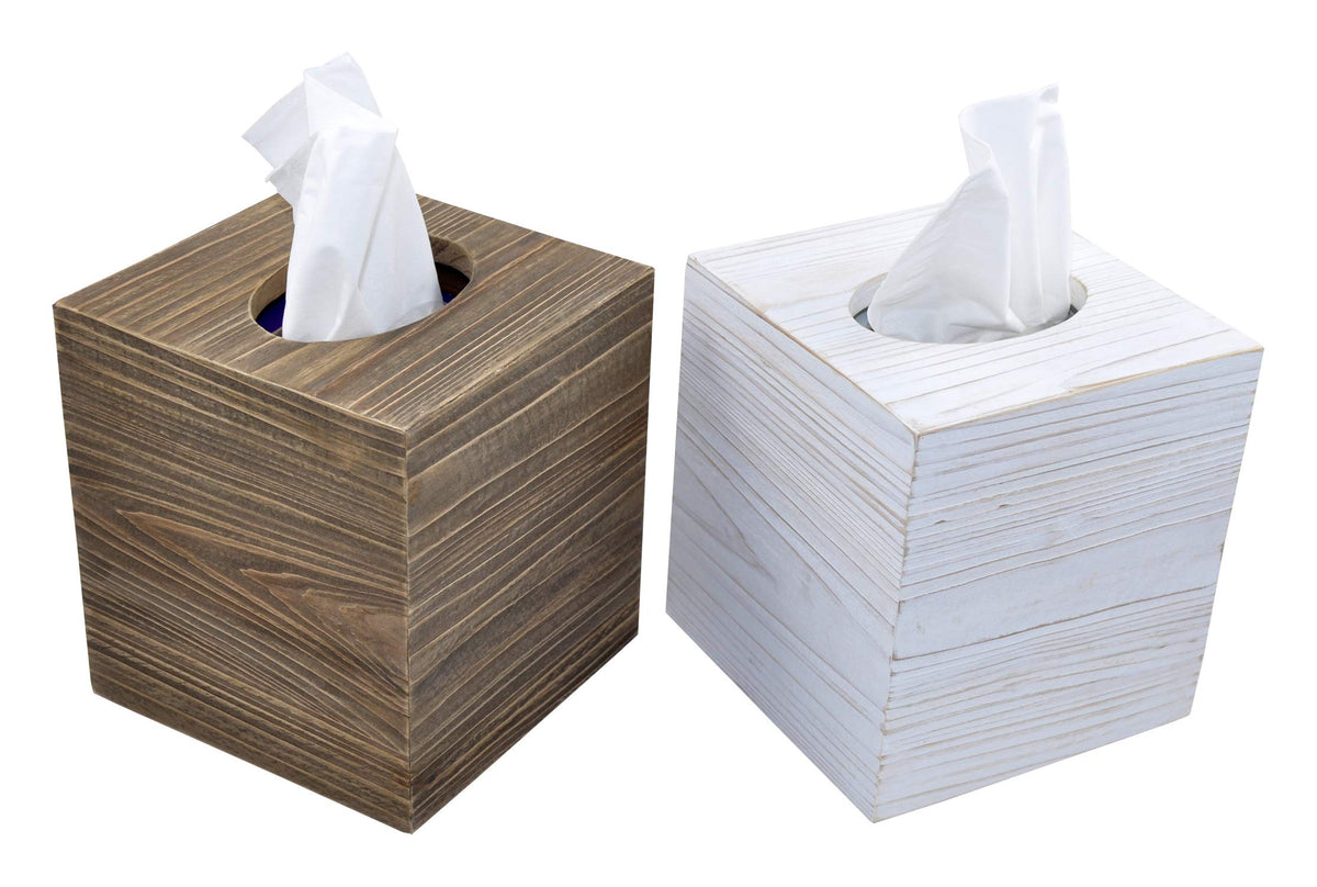 Spiretro Square Paper Facial Tissue Box Cover Holder, Set of 2 Rustic Wood Napkin Dispenser for Bathroom, Toilet, Vanity Counter
