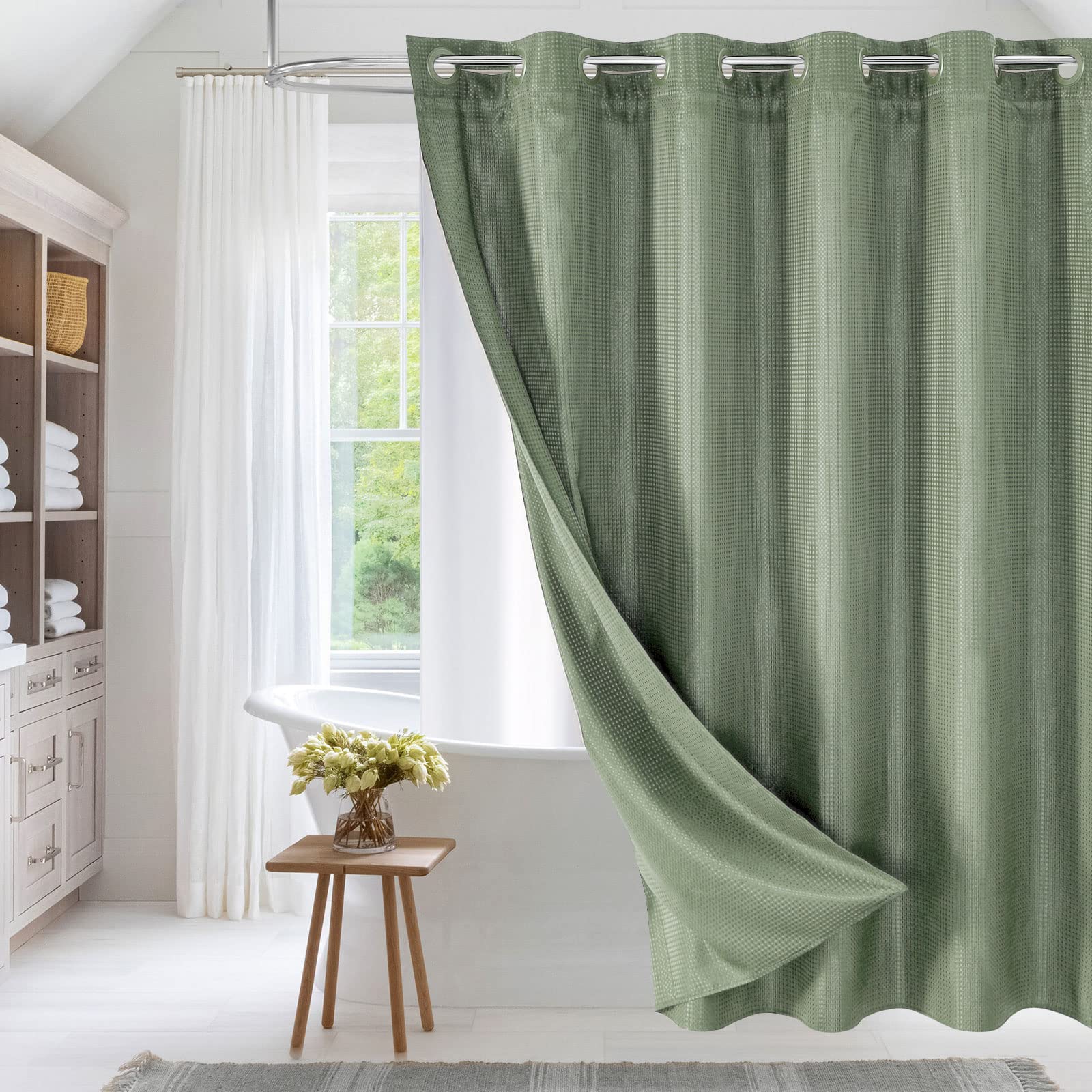 MitoVilla No Hooks Required Sage Green Waffle Shower Curtain Set with Snap-in Liner, Modern Heavyweight Fabric Shower Curtain fo