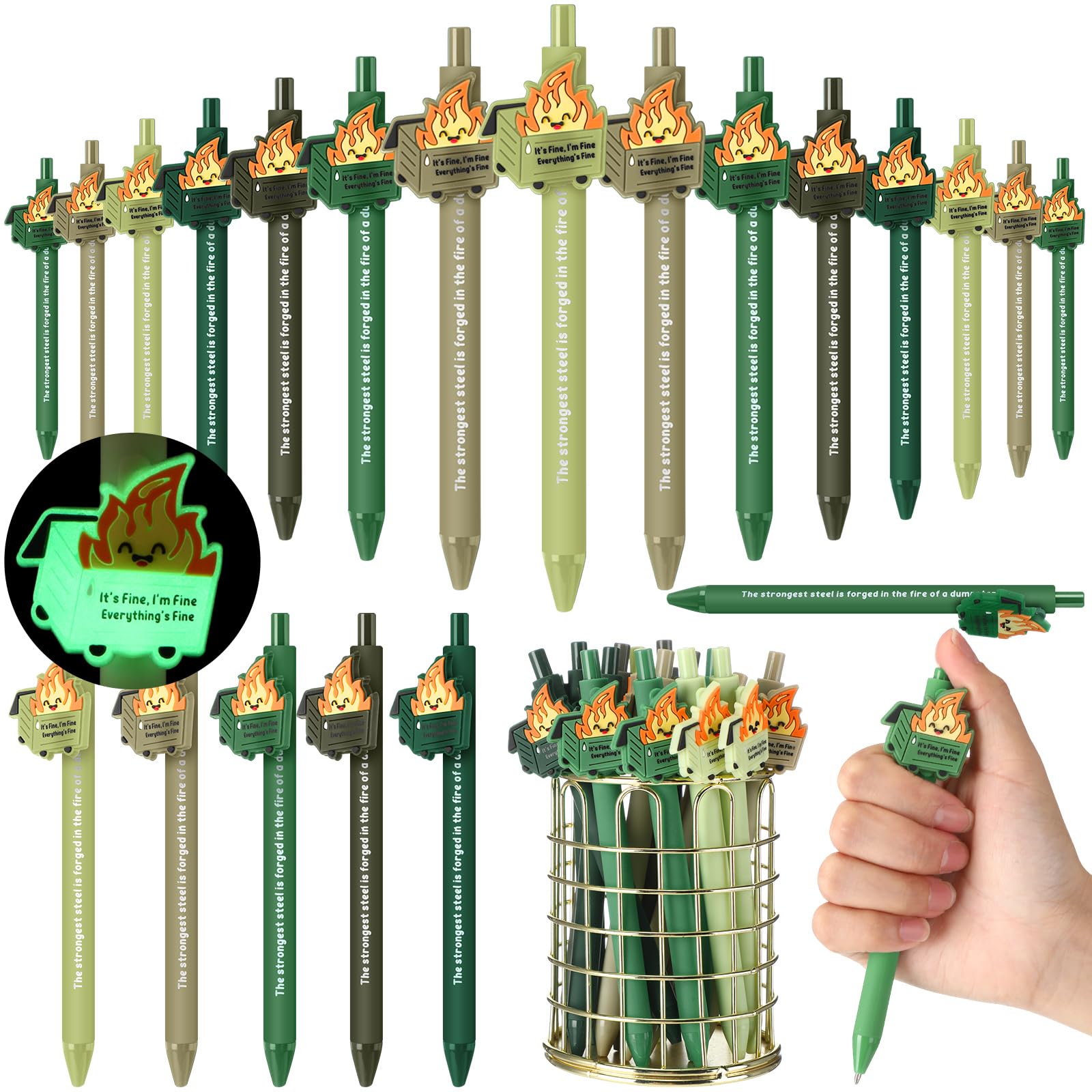 Sayglossy 20 Pcs Dumpster Fire Pen Gift Funny Luminous Dumpster Fire Ballpoint Pen with Saying Emotional Staff Appreciation Supp