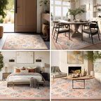 Ashler 8X10 Vintage Rug, Floral Area Rugs, Ultra-Thin Boho Tropical Rug, Vintage Large Rugs For Entryway, Kitchen, Flesh Pink/Be