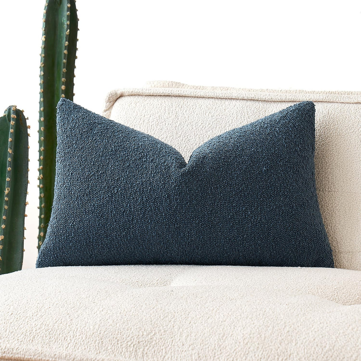 Miulee Textured Boucle Throw Pillow Cover Dark Blue Accent Solid Lumbar Pillow Case Decorative Soft Pack Of 1 Couch Cushion Chai
