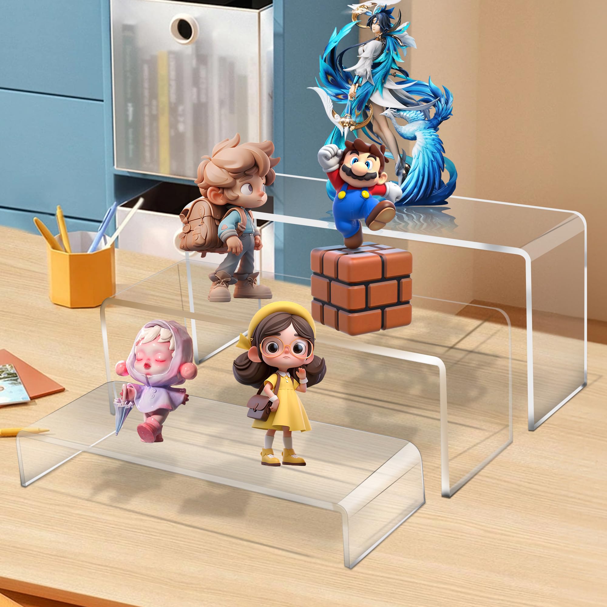 Jusalpha 3 Pc Large Clear Acrylic Riser Set, Acrylic Display Risers Shelf Showcase Fixtures For Jewelry, Display Stand For Amiib