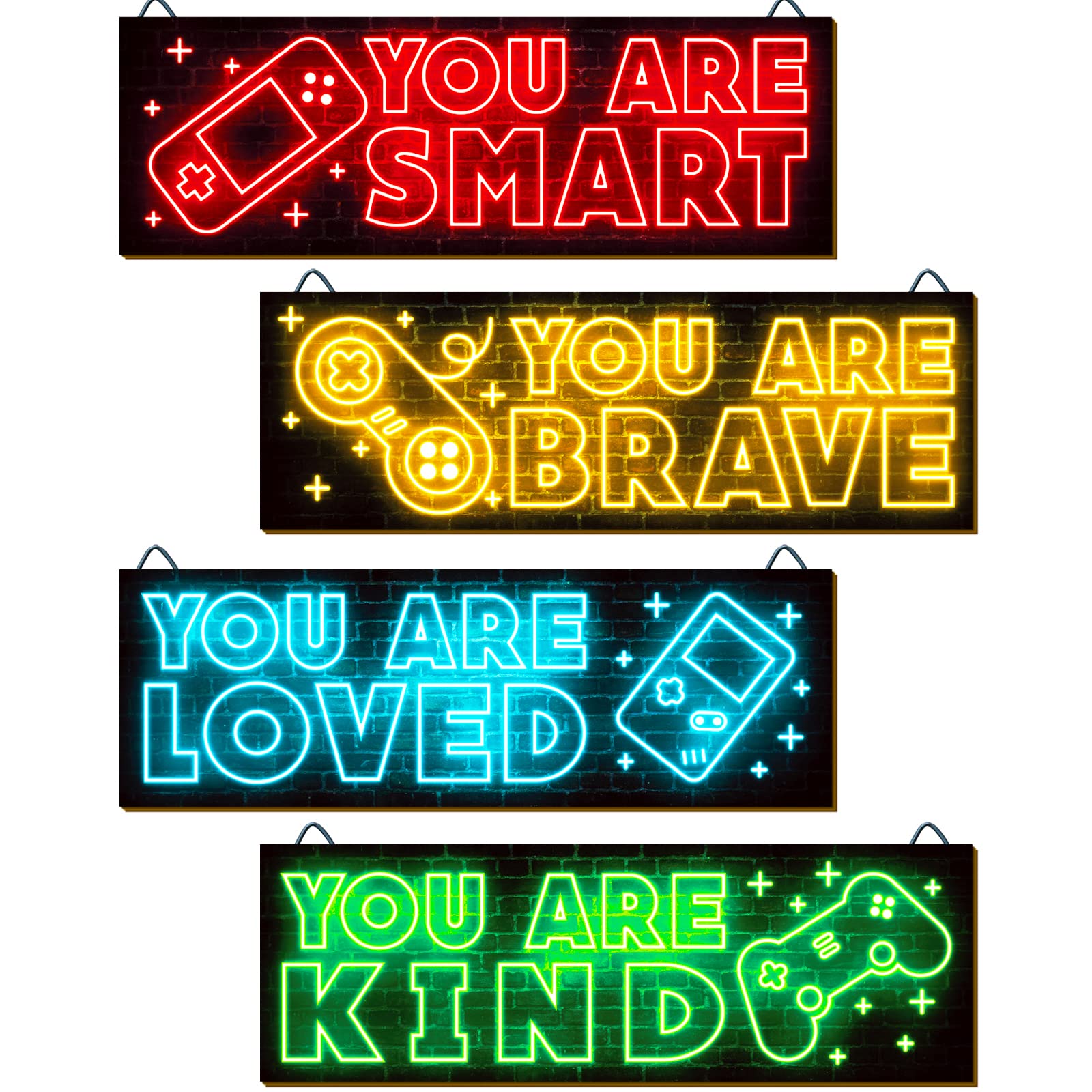 YLOLUL 4pcs Neon Game Art Prints, Wood Wall Art Decor for Boys Room, Gamer Decorations, Inspirational Quote Wall Decor, Modern H