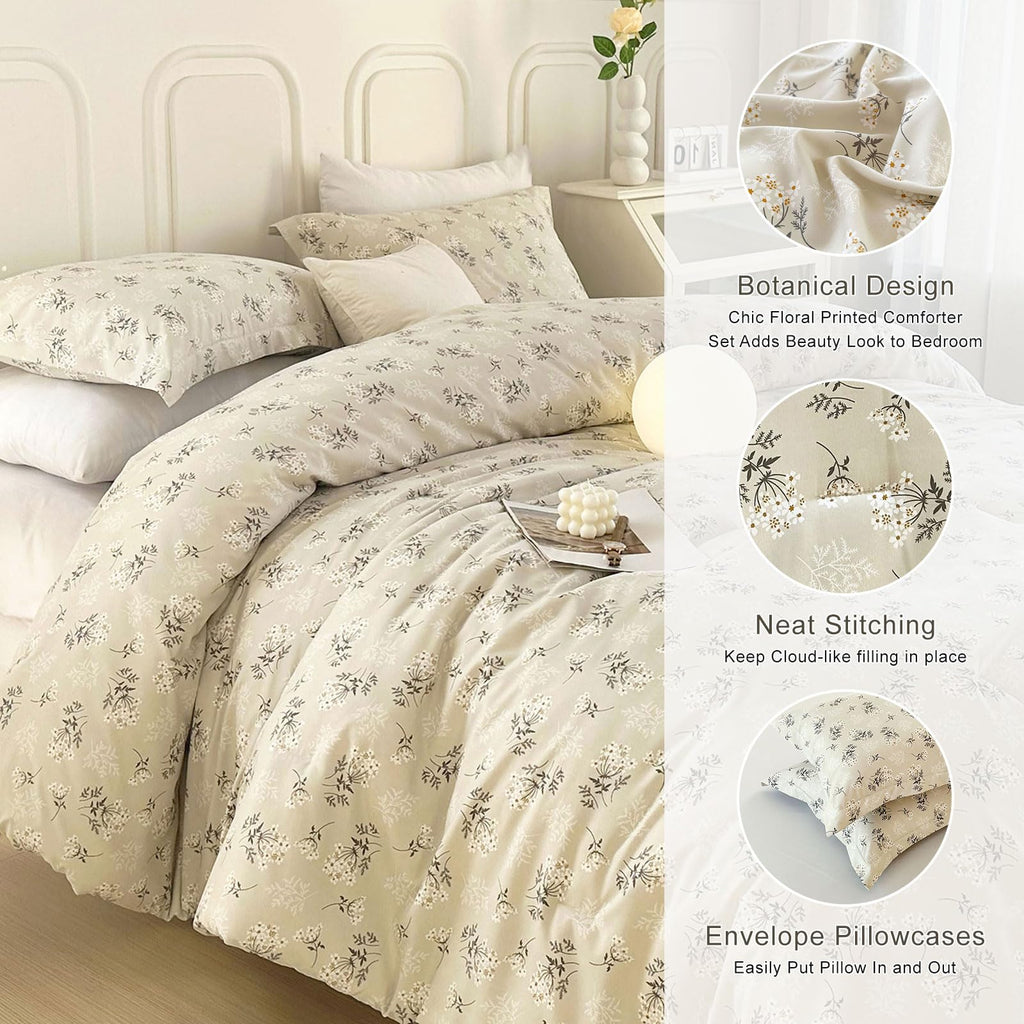 Eavd Boho Floral Comforter Set Queen Soft Washed Microfiber Bedding Comforter Set Garden Beige Floral Bedding Queen Comforter Se