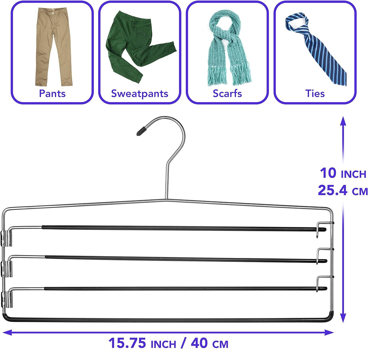 4-Tier Swing Arm Pants Hanger with Removable Foam-Padded Arms, Up to 5 Garments, Chrome