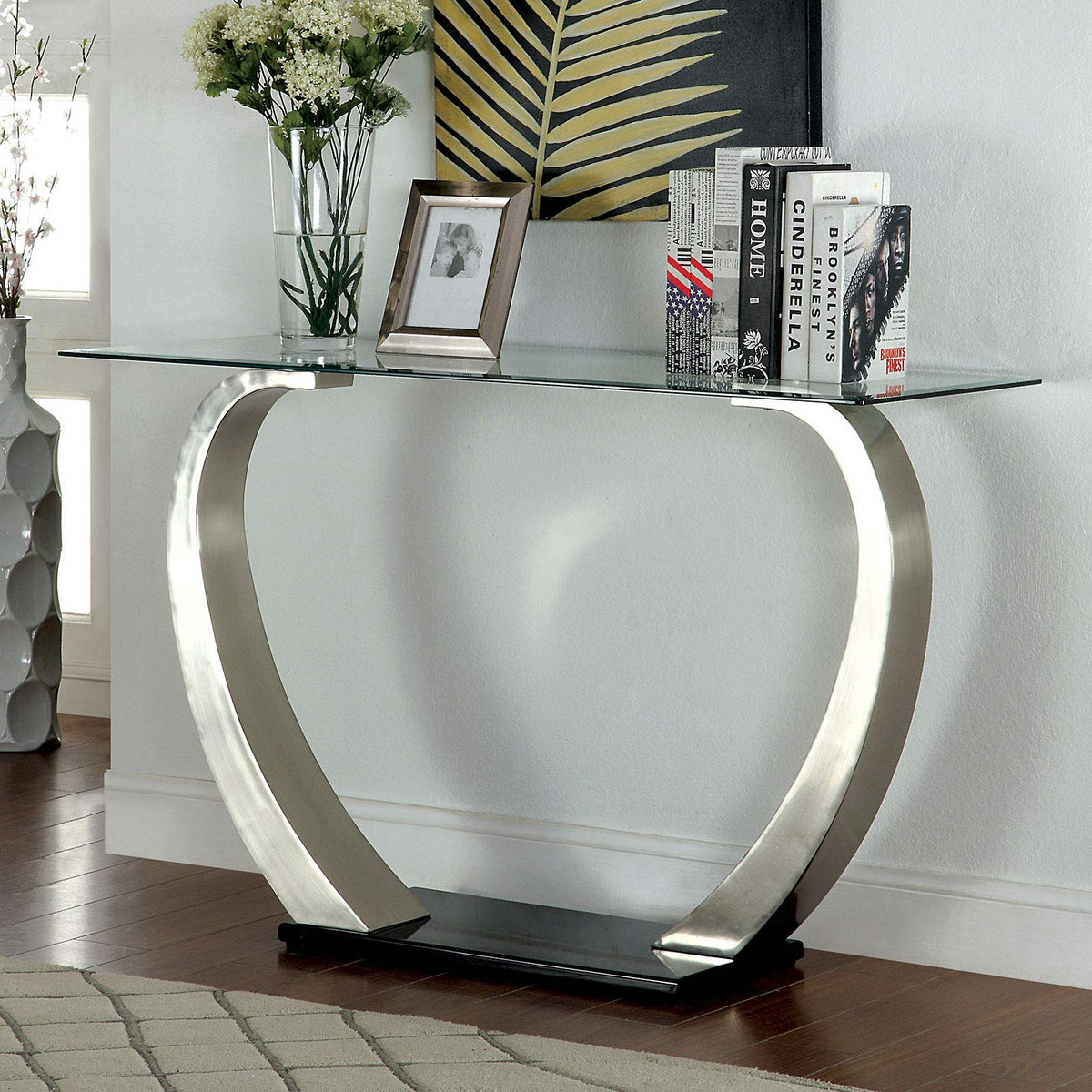 Benjara Rectangular Glass Top Sofa Table With Curved Pedestal Base, Black And Gray