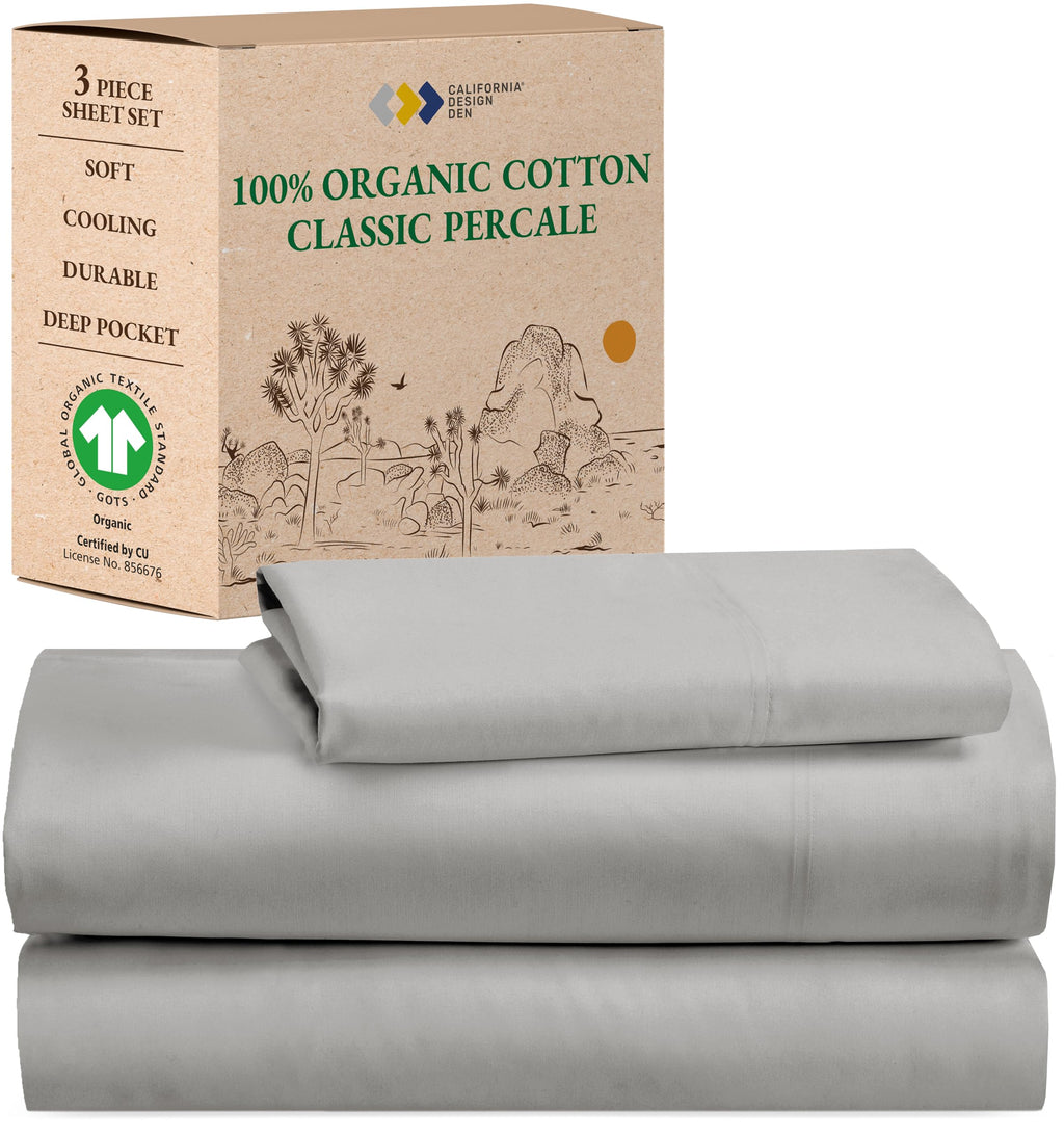 California Design Den Twin Sheets Set, 100% Organic Cotton Sheets, Deep Pockets Percale Sheets, Gots Certified Soft, Crisp & Cooling Sheets, Twin Bed Sheets, Light Grey Sheets