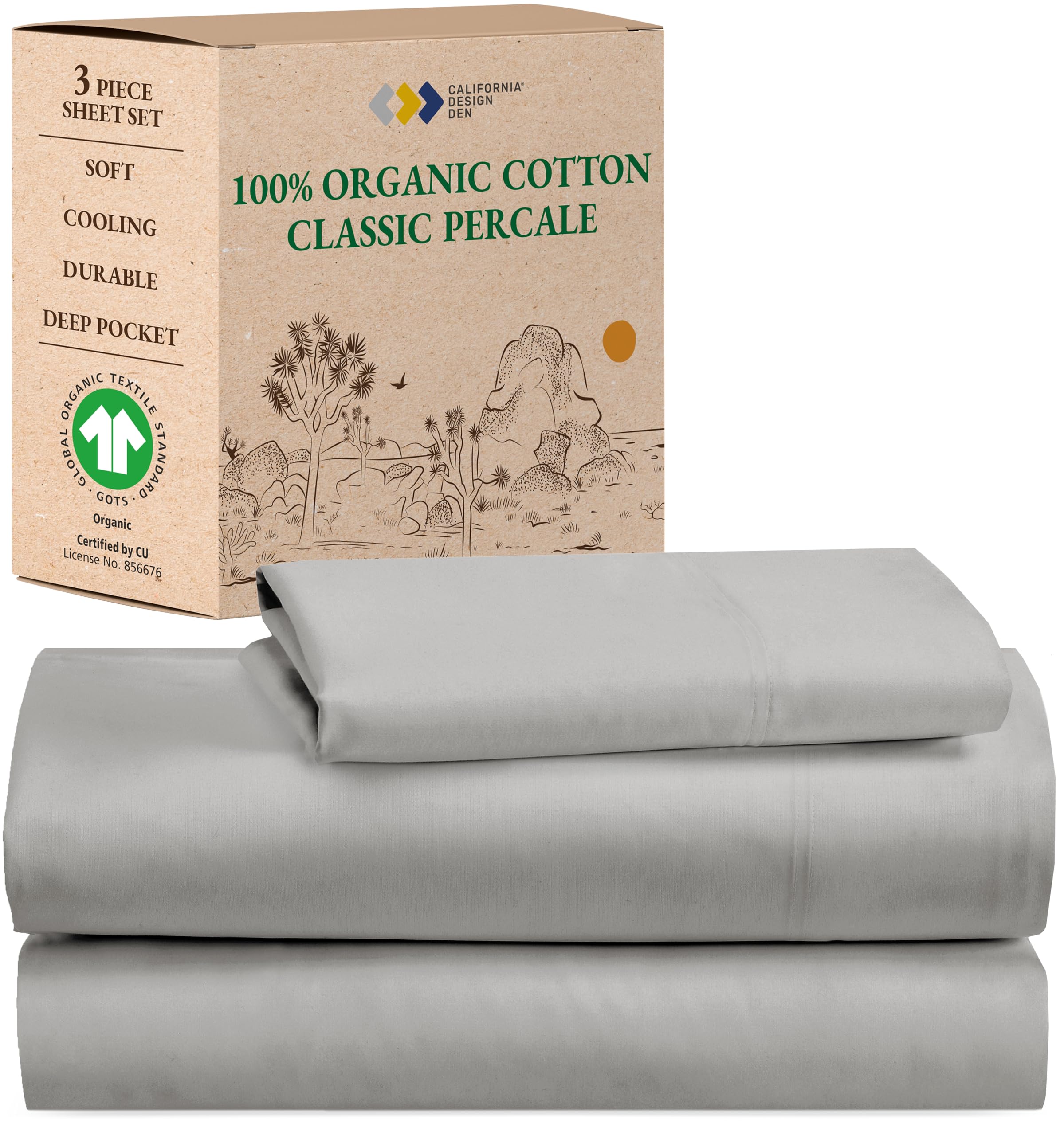 California Design Den Twin Sheets Set, 100% Organic Cotton Sheets, Deep Pockets Percale Sheets, Gots Certified Soft, Crisp & Cooling Sheets, Twin Bed Sheets, Light Grey Sheets