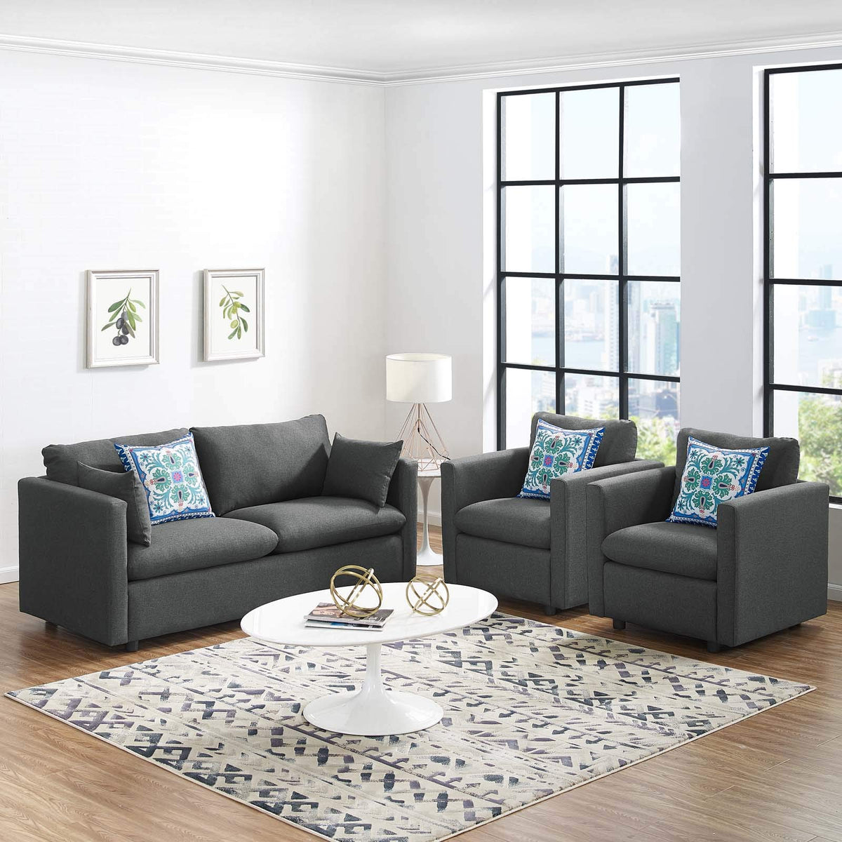 Modway Activate 3 Piece Upholstered Fabric Set, Gray