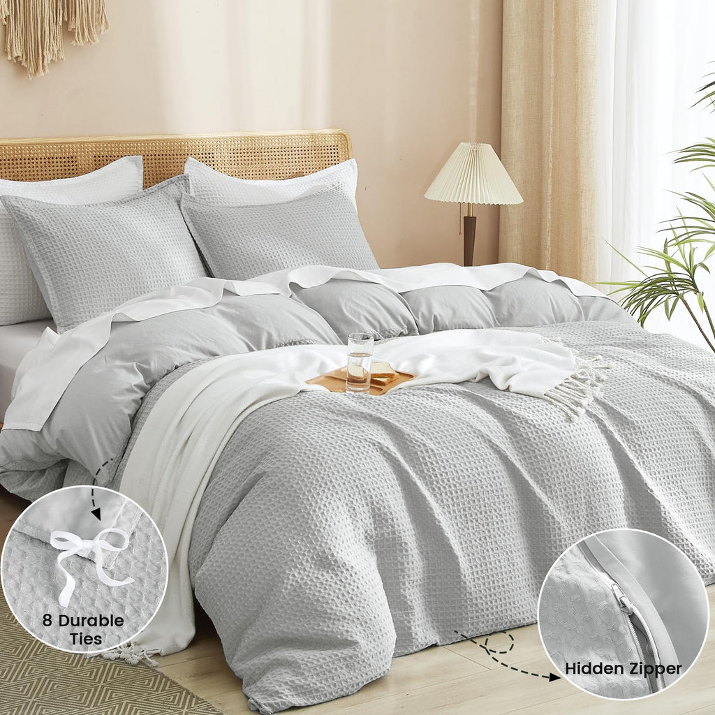 Phf Waffle Weave Duvet Cover Set King Size, 3 Piece Ultra Soft Breathable Durable Comforter Cover For All Season, Waffle Texture