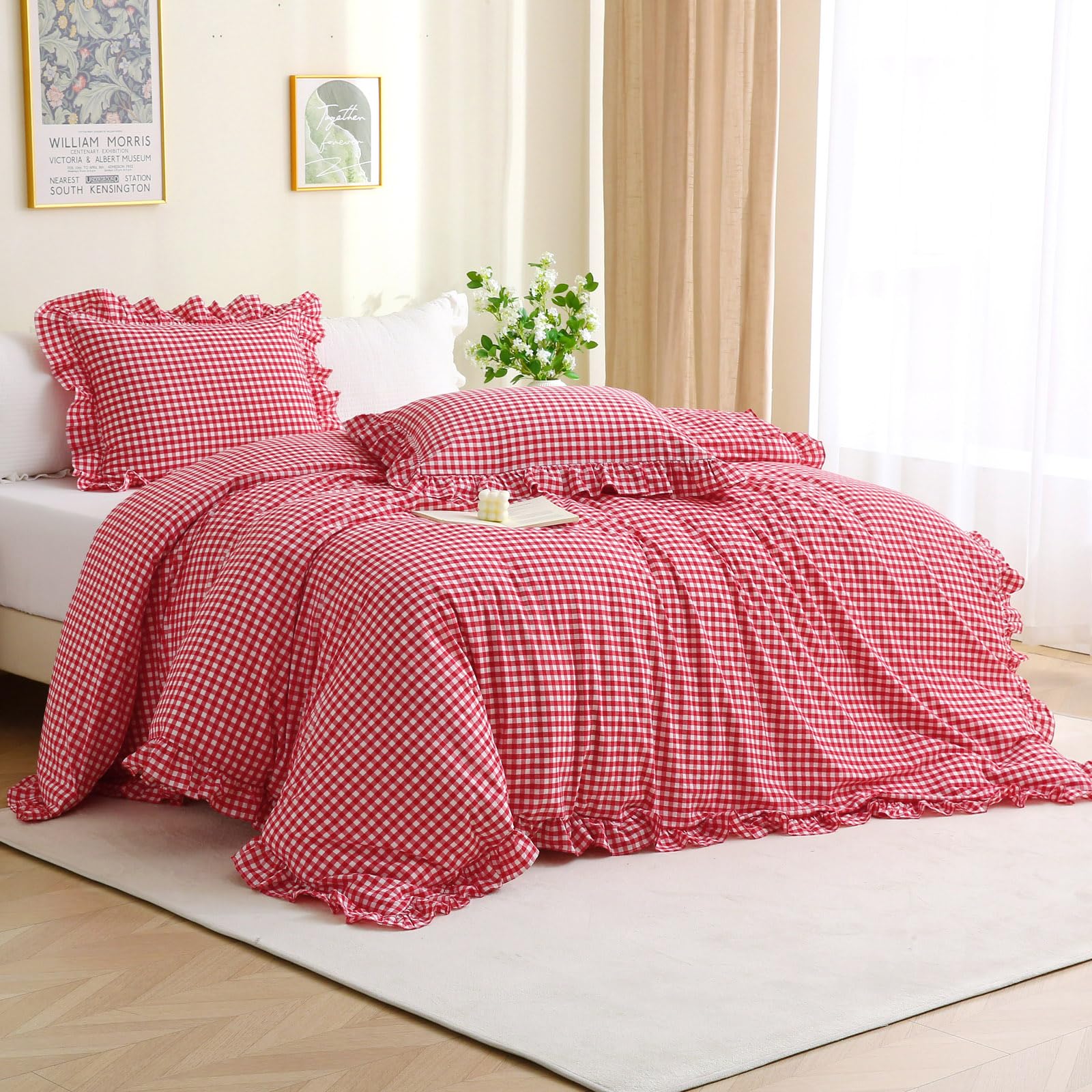 Silnuo Red/White Checkered Ruffle 3-Piece Duvet Cover Set King Size,Washed Cotton Shabby Gingham Plaid Bedding Set Farmhouse Com