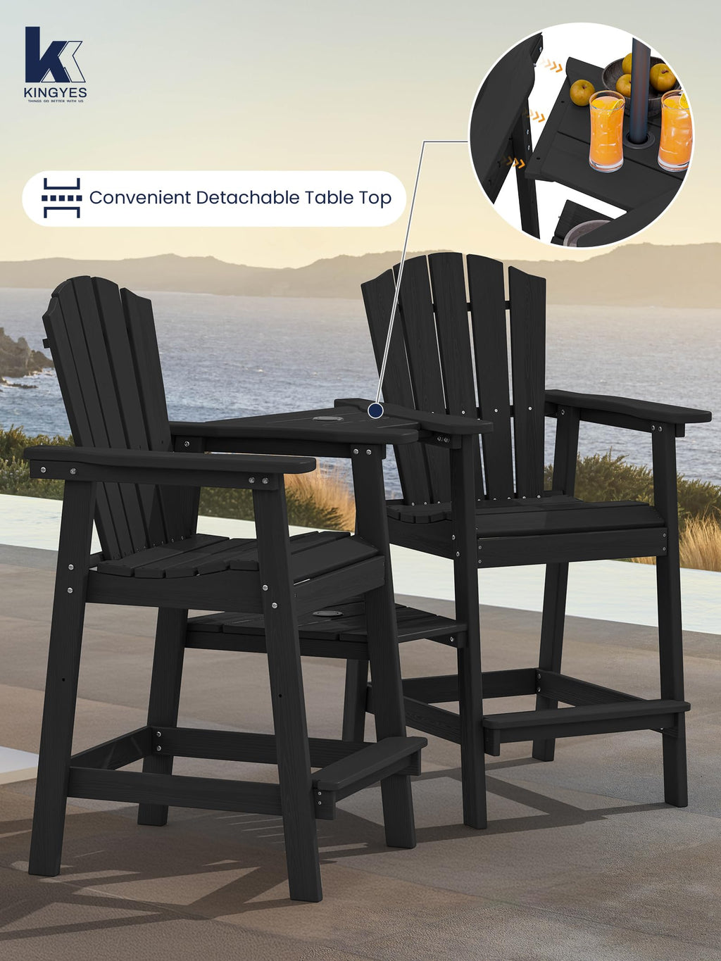 Kingyes Tall Adirondack Chair Set Of 2, Hdpe Tall Adirondack Barstools With Double Connecting Trays, Embossed Bar Height Adirondack Chair For 2, All Weather Resistant Balcony Adirondack Chairs, Black