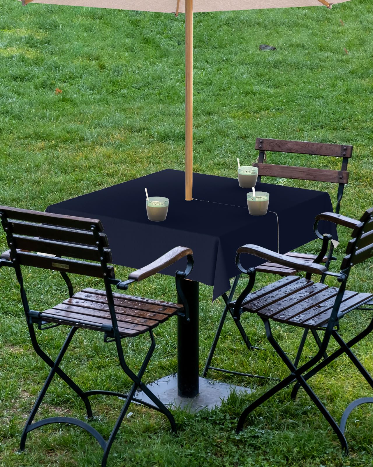 Queenker Dark Blue Outdoor Tablecloth With Umbrella Hole And Zipper, Solid Color Table Cover For Square Tables Waterproof Tablet