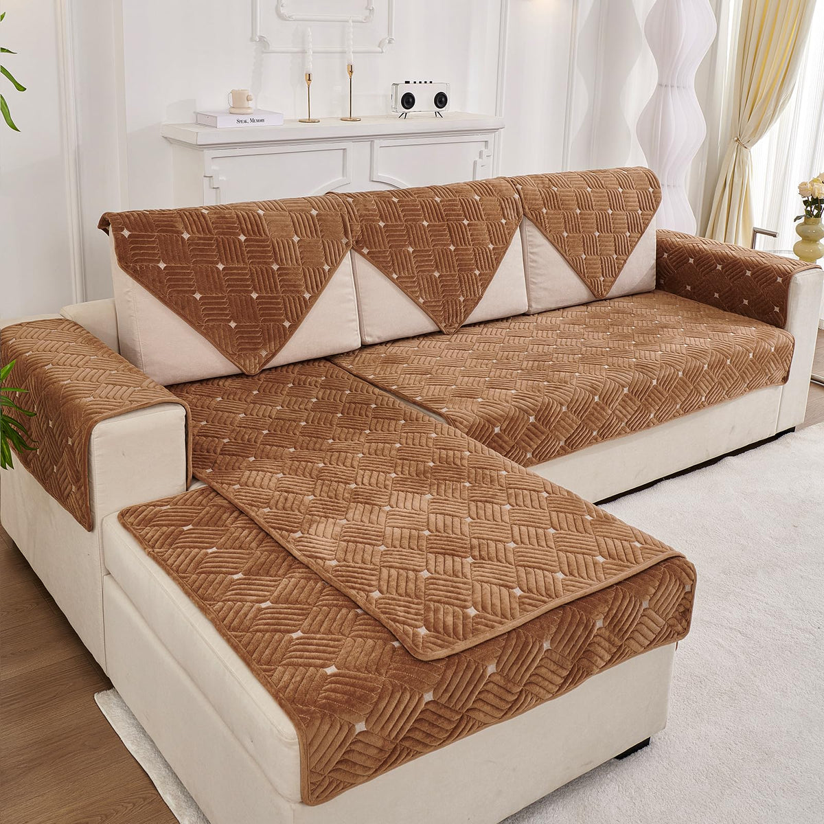 TEWENE, Sectional Couch Cover Velvet Sofa Cover Anti-slip L Shaped Couch Cover Sectional Sofa Cover for Dogs Couch Cover 3 Cushi