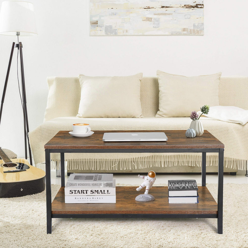 Super Deal 2-Tier Industrial Coffee Table With Storage Shelf For Small Apartment Living Room, Rectangle Wood And Stable Metal Tv Stand Side End Table, Rustic Brown
