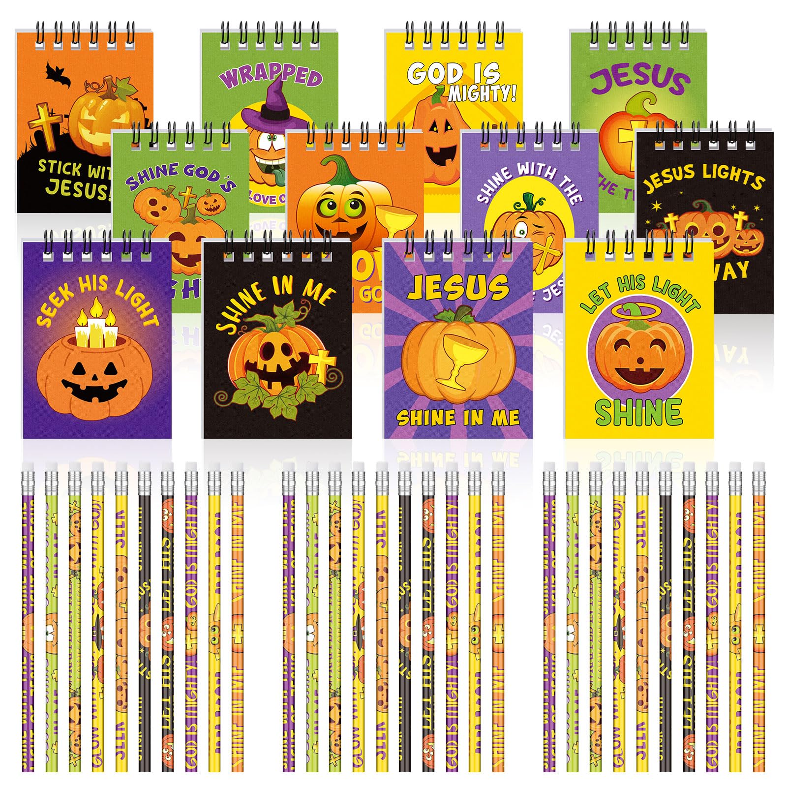 Supervitae 48 Pcs/ 24 Set Halloween Christian Pumpkin Pencils Notebook Set Mini Religious Spiral Notebook Bulk Jesus Notepads Pu