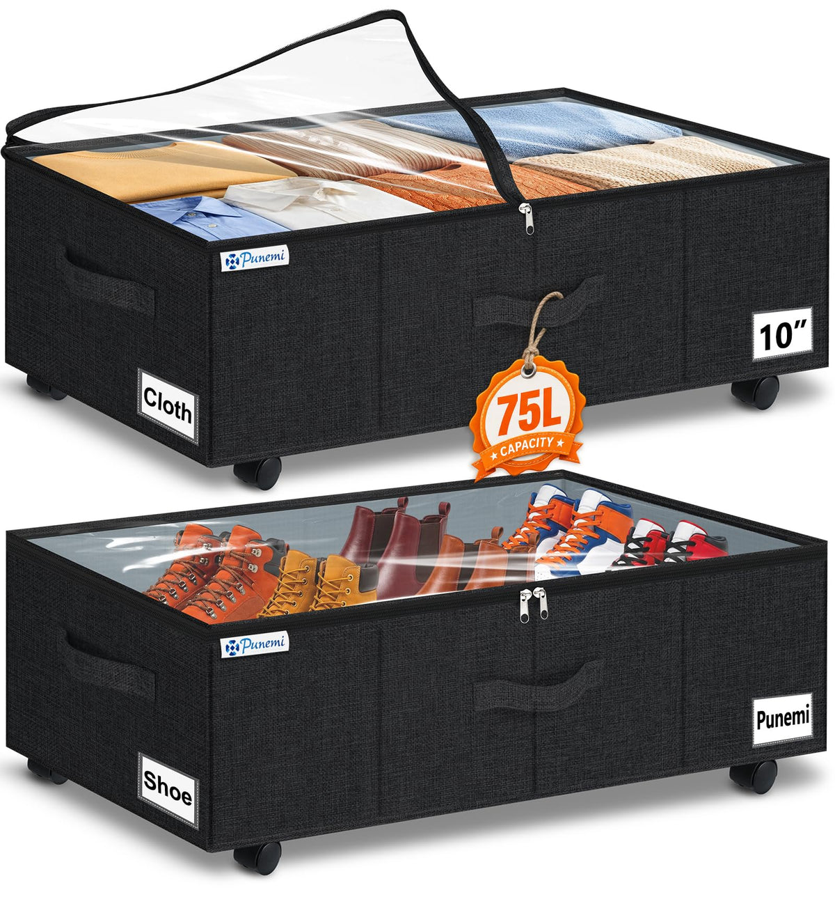 punemi 10 Tall 75L Under Bed Storage Bins with Wheels, Rolling Storage Bin