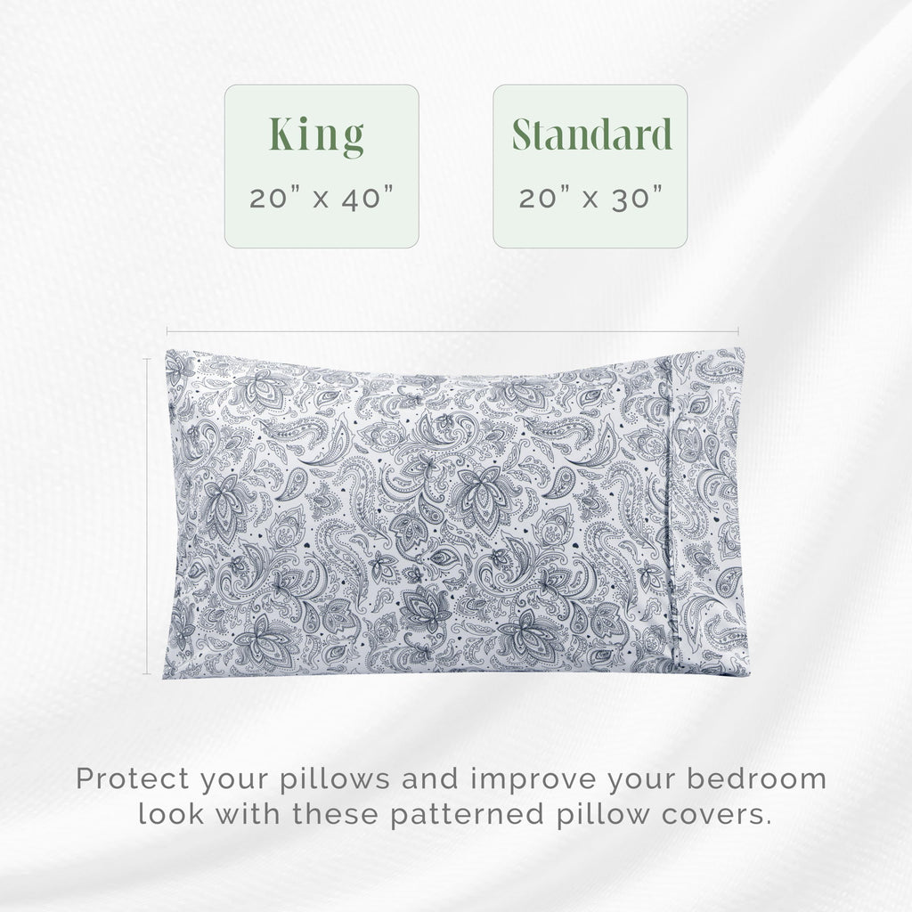 Elegant Comfort Ultra Soft Set Of 2 Floral Print Pillowcases - 1500 Premium Hotel Quality Microfiber, Soft And Smooth Envelope Closure 2-Piece Pillow Covers - Standard/Queen, Paisley Navy