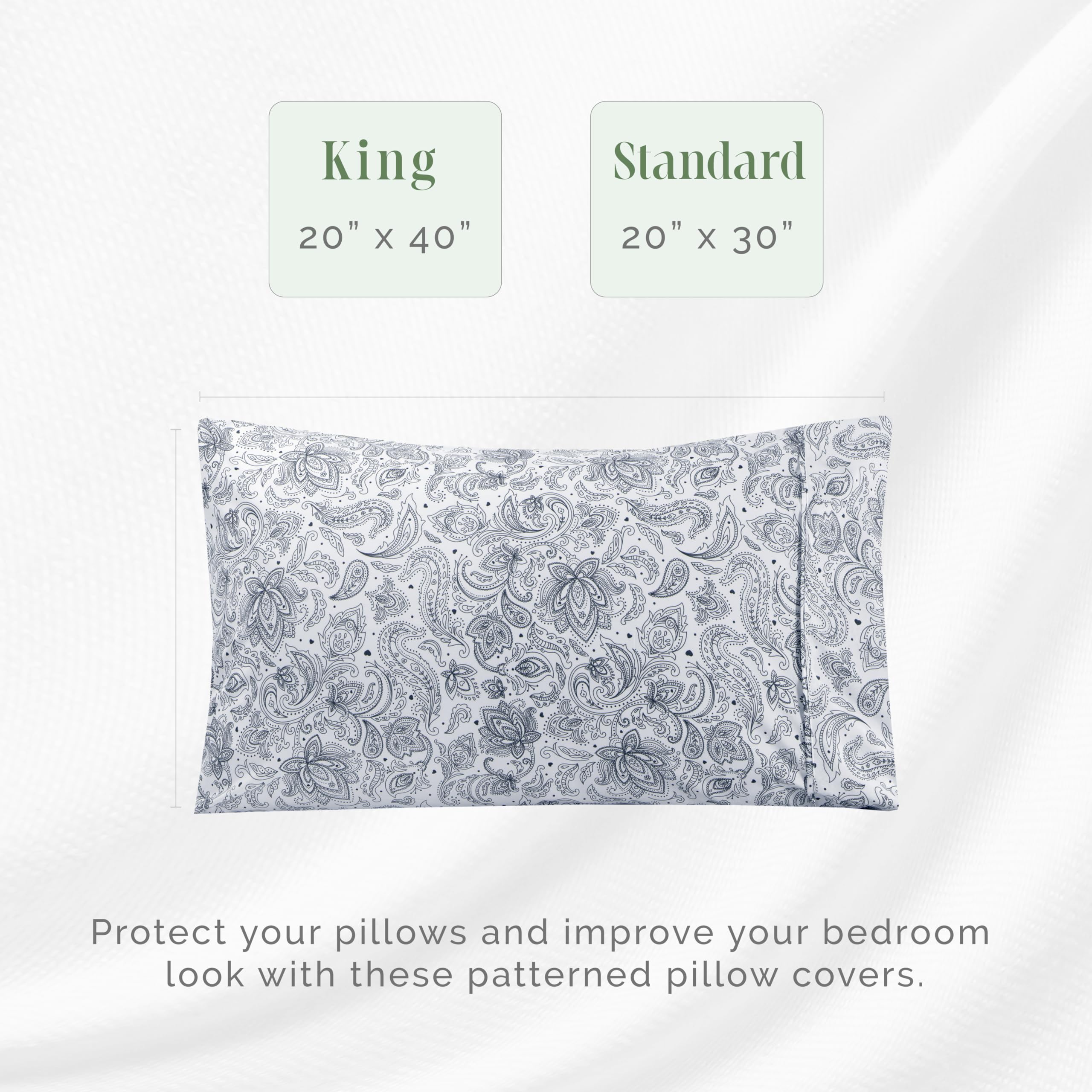 Elegant Comfort Ultra Soft Set Of 2 Floral Print Pillowcases - 1500 Premium Hotel Quality Microfiber, Soft And Smooth Envelope Closure 2-Piece Pillow Covers - Standard/Queen, Paisley Navy