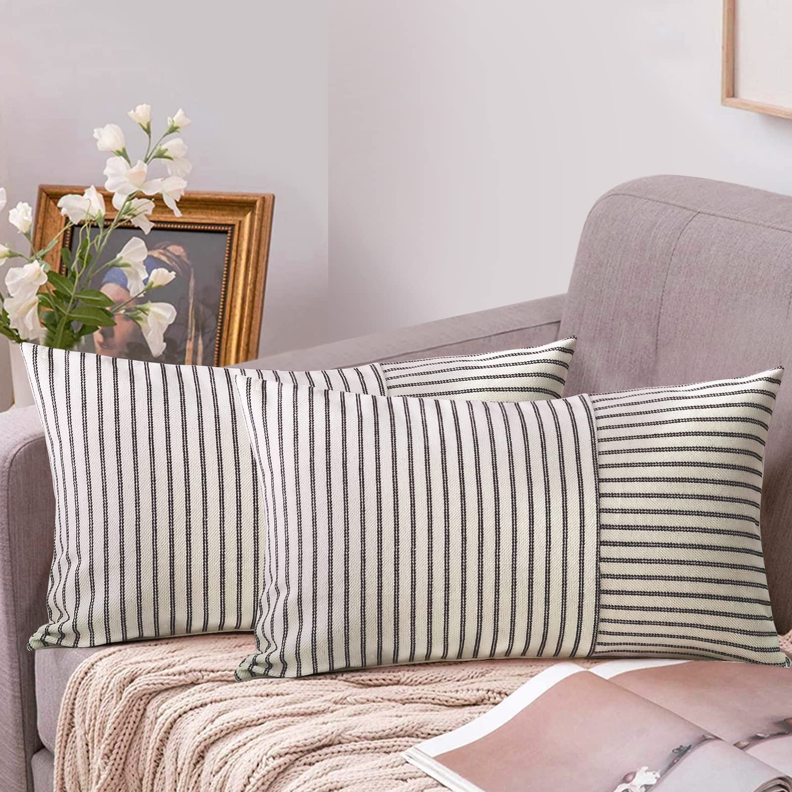 Farmhouse Pillow Covers 12X20, Modern Accent Lumbar Throw Pillow Covers Set Of 2, Black And Beige Striped Patchwork Linen Decora