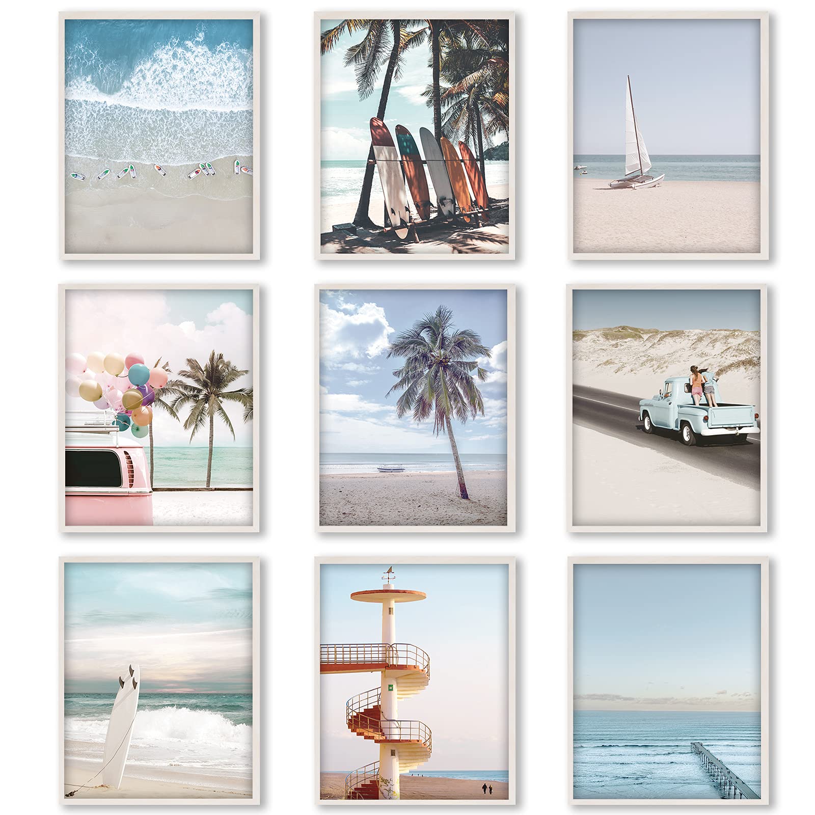 9 Pieces Beach Wall Art Prints Ocean Beach D  cor Nautical Themed Posters Teens Girls Bedroom Decor, 8 x 10 Inch, Beach Wall Art