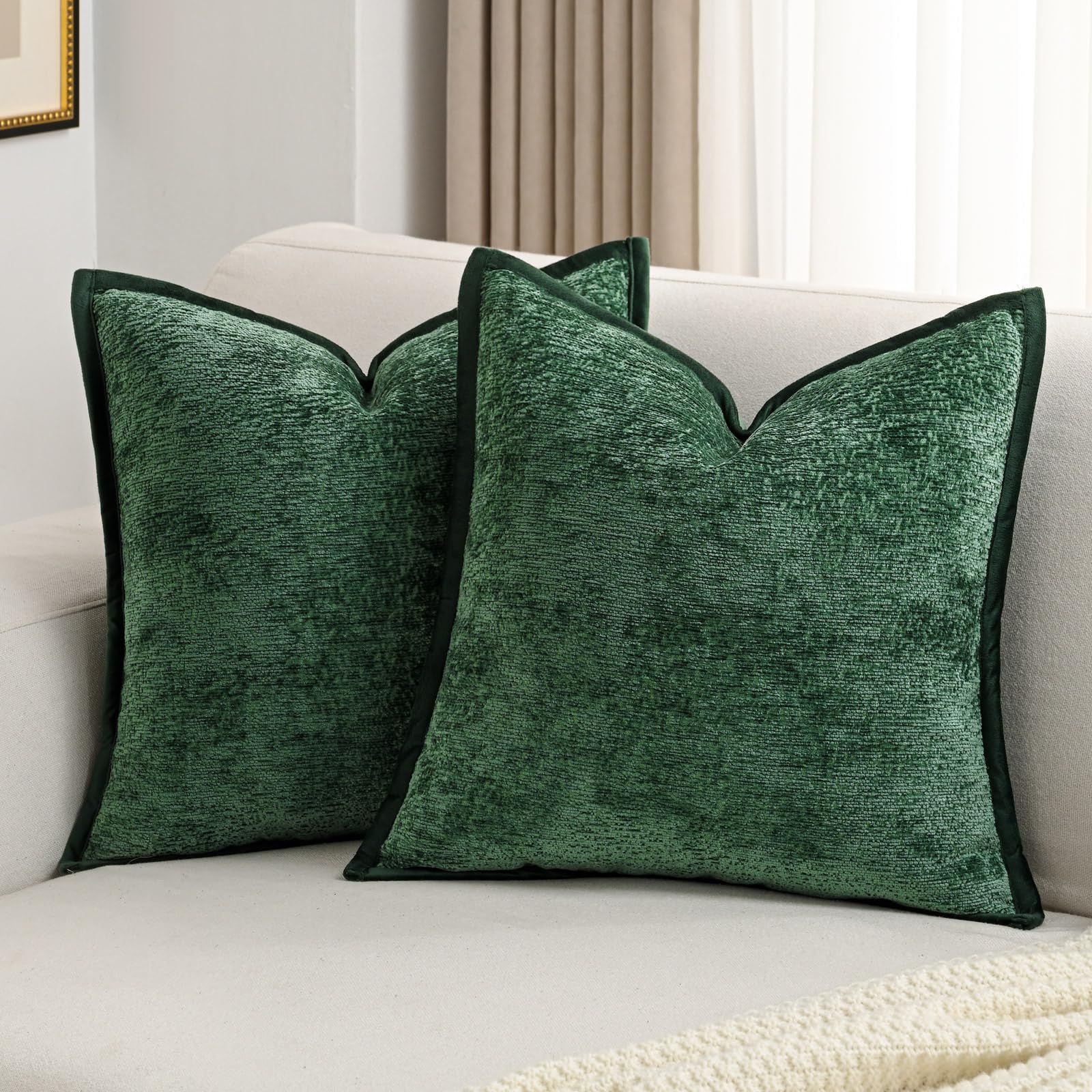 Futei Dark Green Chenille Throw Pillow Covers 18X18 Inch Set Of 2,Soft Velvet Cushion Case,Home Decor For Couch Bed Living Room