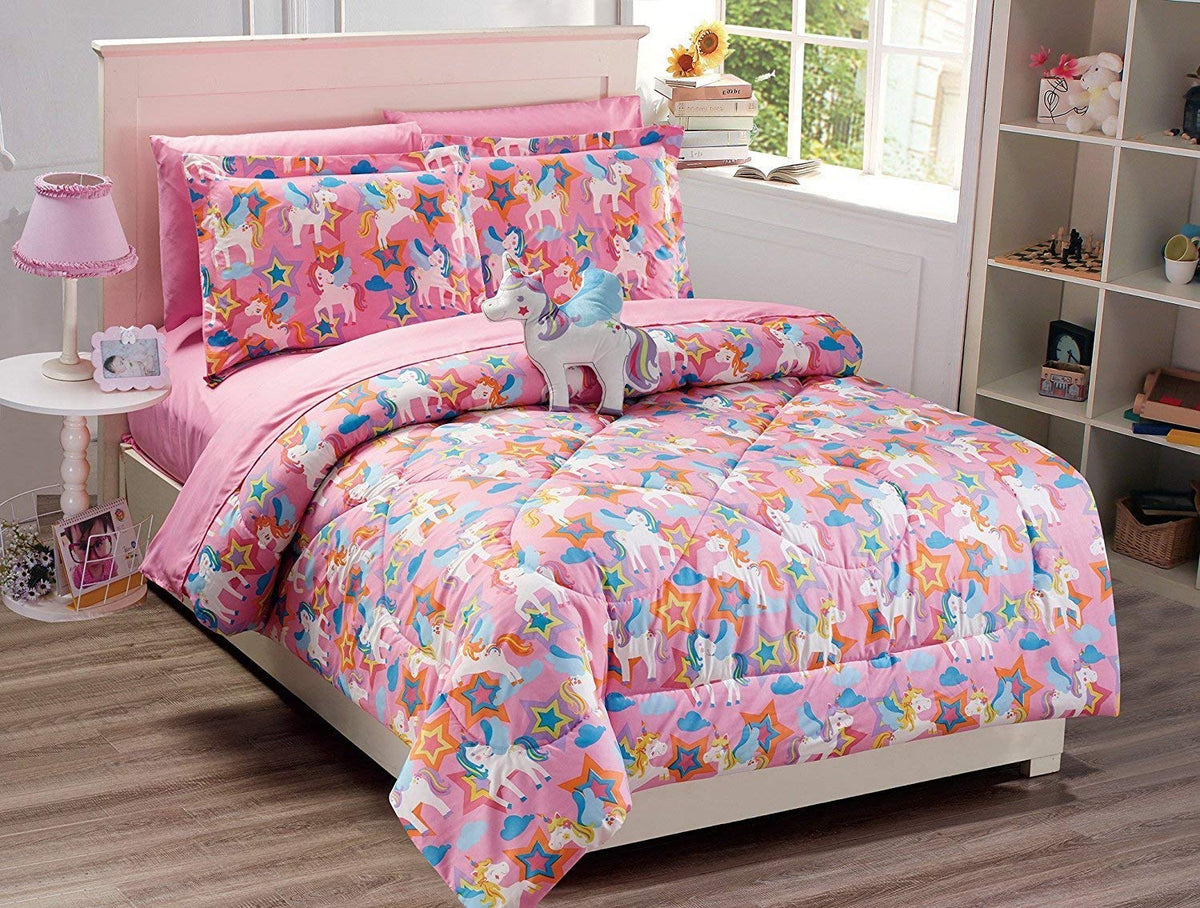 Linen Plus Comforter Set For Girls Unicorn Pink Blue Purple Orange Yellow New (Queen)