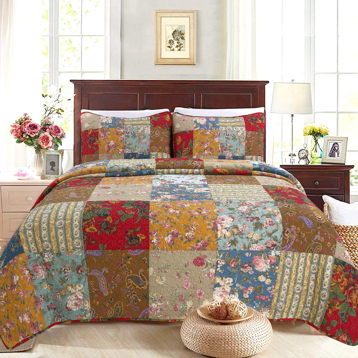 Cozy Line Home Fashions Floral Plaid Country Farmhouse Real Patchwork 100% Cotton Reversible Quilt Bedding Set, Coverlet, Bedspr