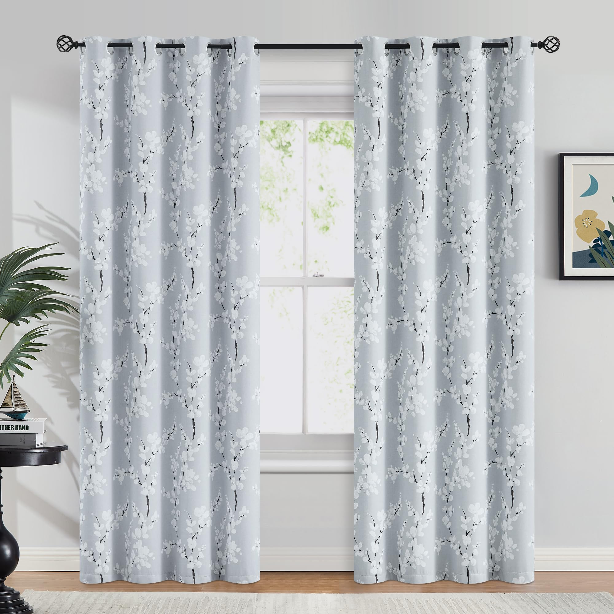 FMFUNCTEX Floral Grey Blackout Curtains for Bedroom Living Room 96inch Long Thermal Insulated Full Blackout Window Drapes for Gu