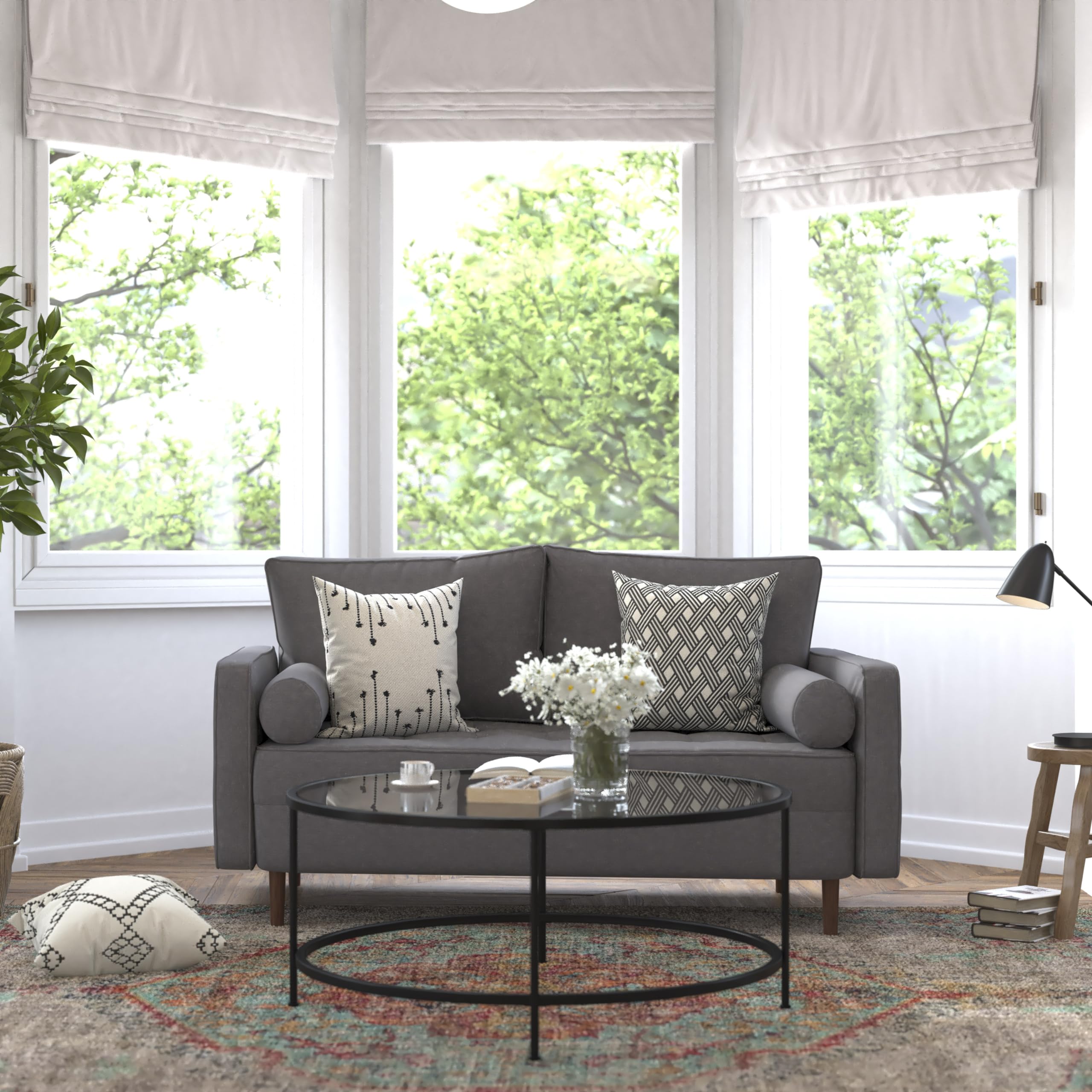 Flash Furniture Hudson Mid-Century Modern Loveseat - Dark Gray Faux Linen Upholstery - Buttonless Tufting - Wood Legs