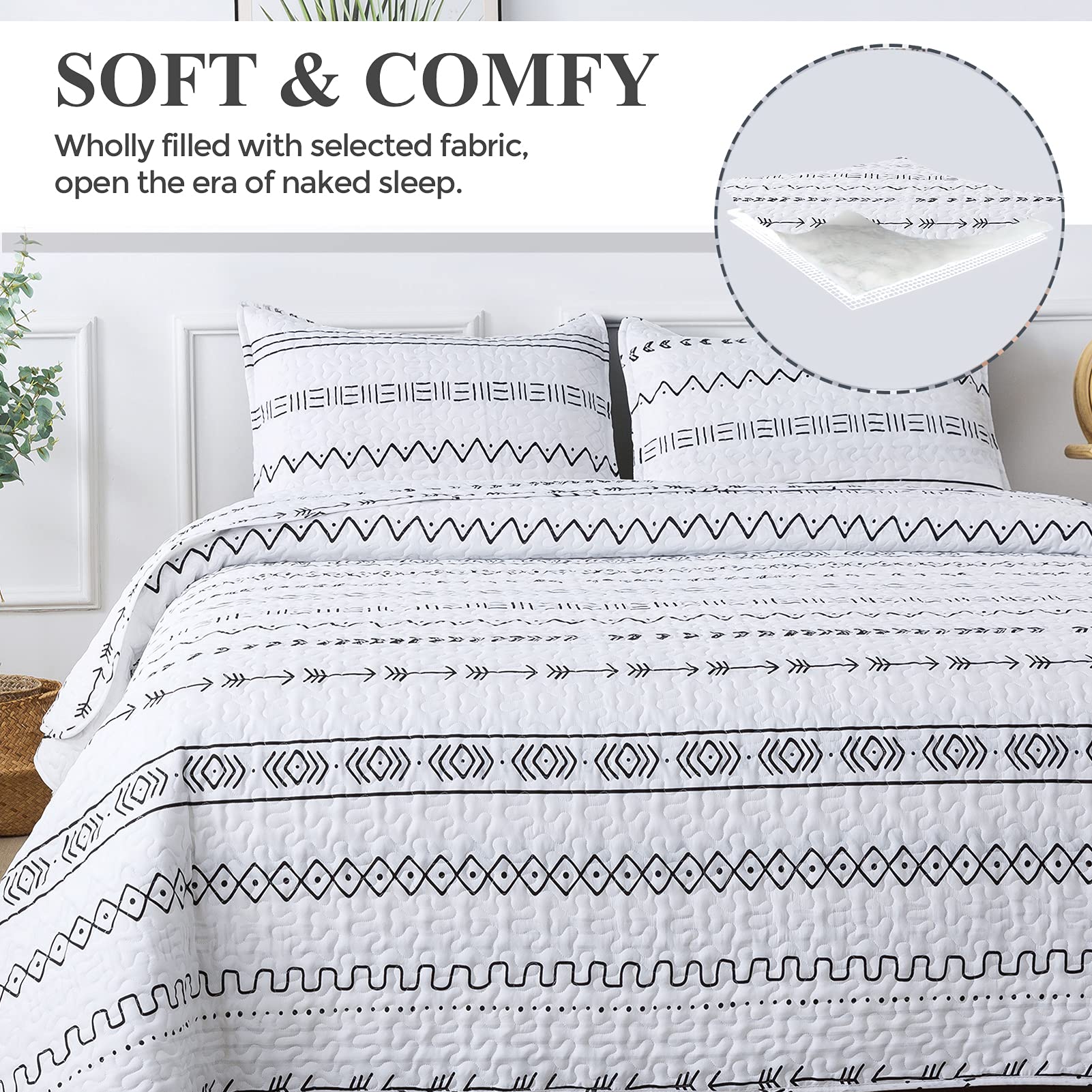 Andency White Quilt Set Oversized King (118X120 Inch), 3 Pieces(1 Striped Triangle Printed Quilt And 2 Pillowcases), Bohemian Summer Lightweight Reversible Microfiber Bedspread Coverlet Sets