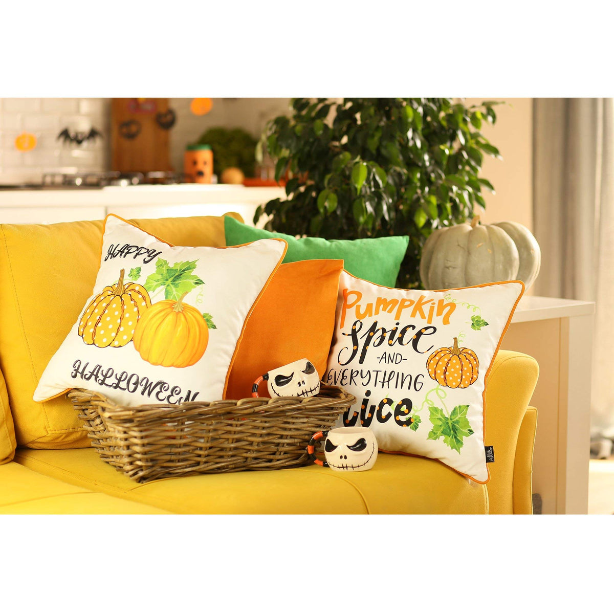 HomeRoots Set of Four 18' Orange Green Pumpkin Halloween Throw Pillow Covers