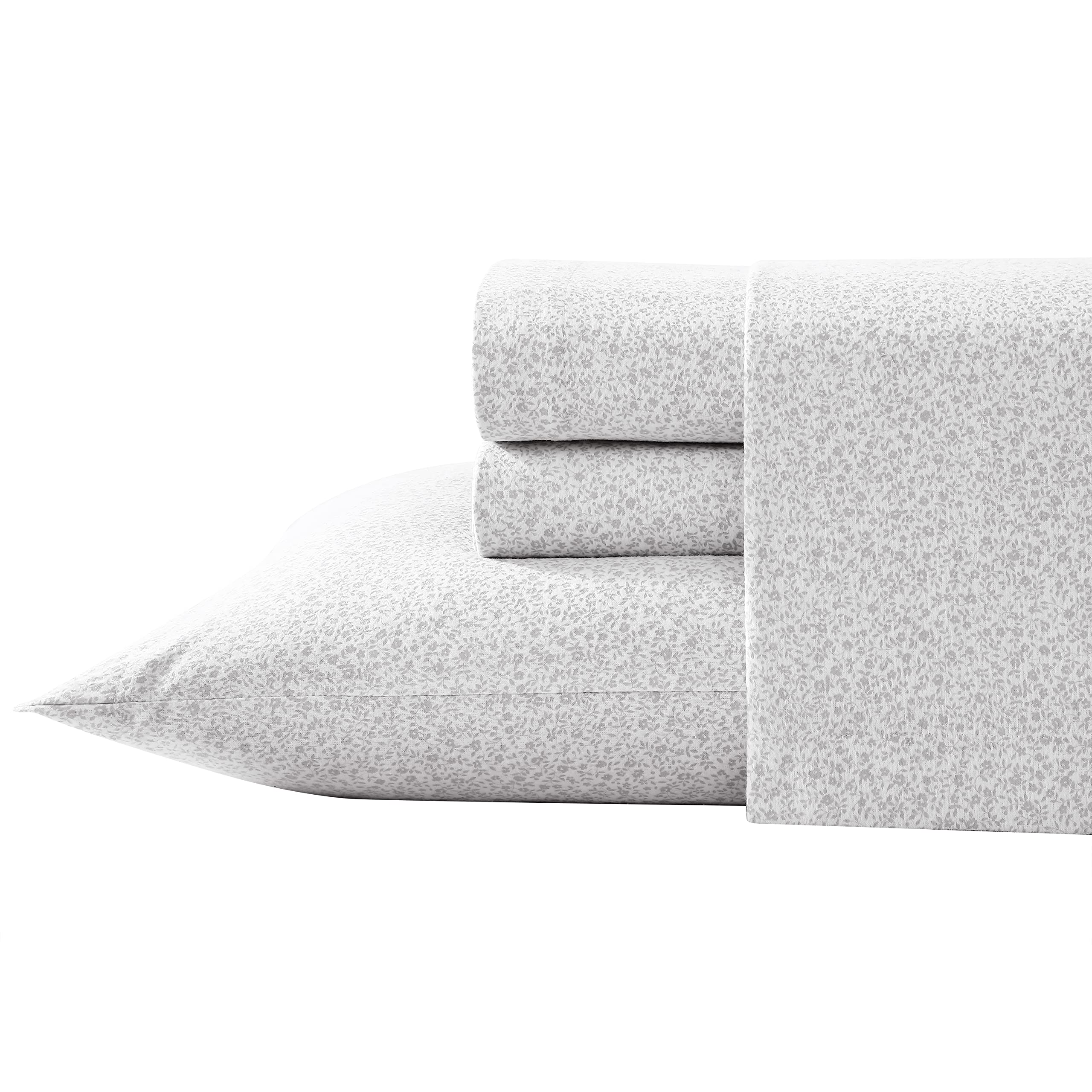 Laura Ashley Home - Full Sheets, Cotton Flannel Bedding Set, Brushed For Extra Softness & Comfort (Chelsie Vine Grey, Full), Chelsie Vine Grey/White